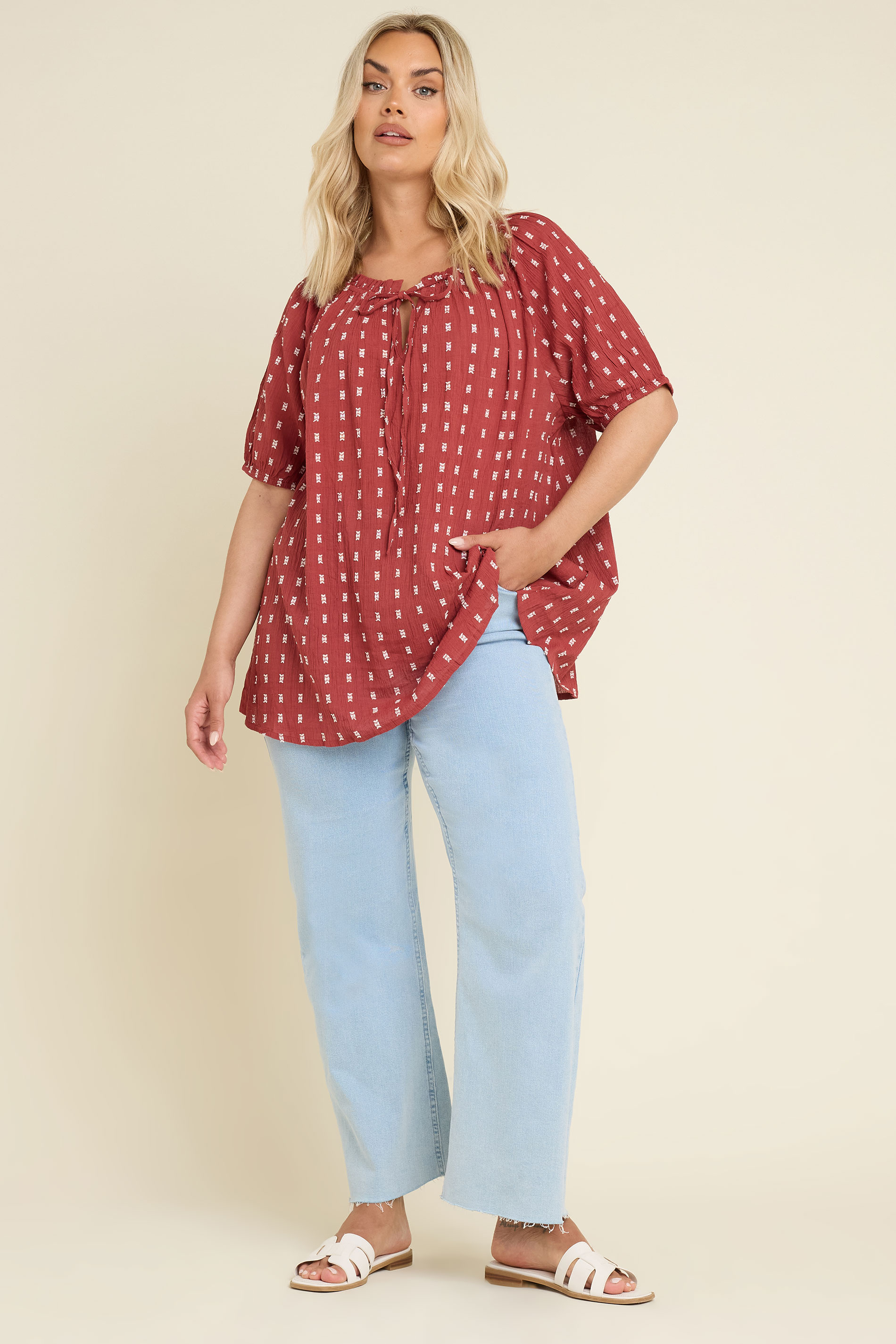 YOURS Plus Size Rust Orange Dobby Tie Neck Top | Yours Clothing 1