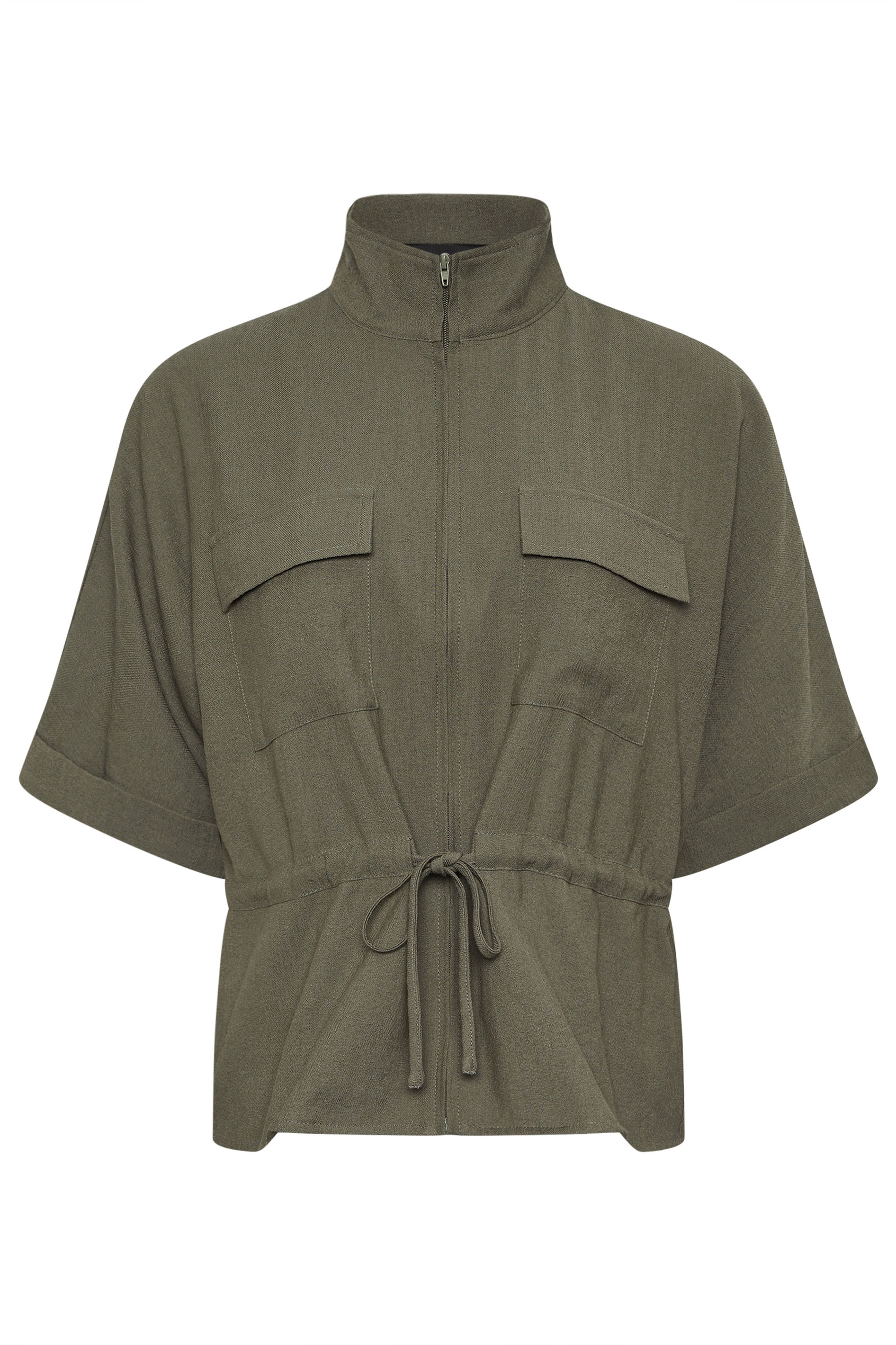 PixieGirl Petite Women's Khaki Green Funnel Neck Shacket | PixieGirl 5