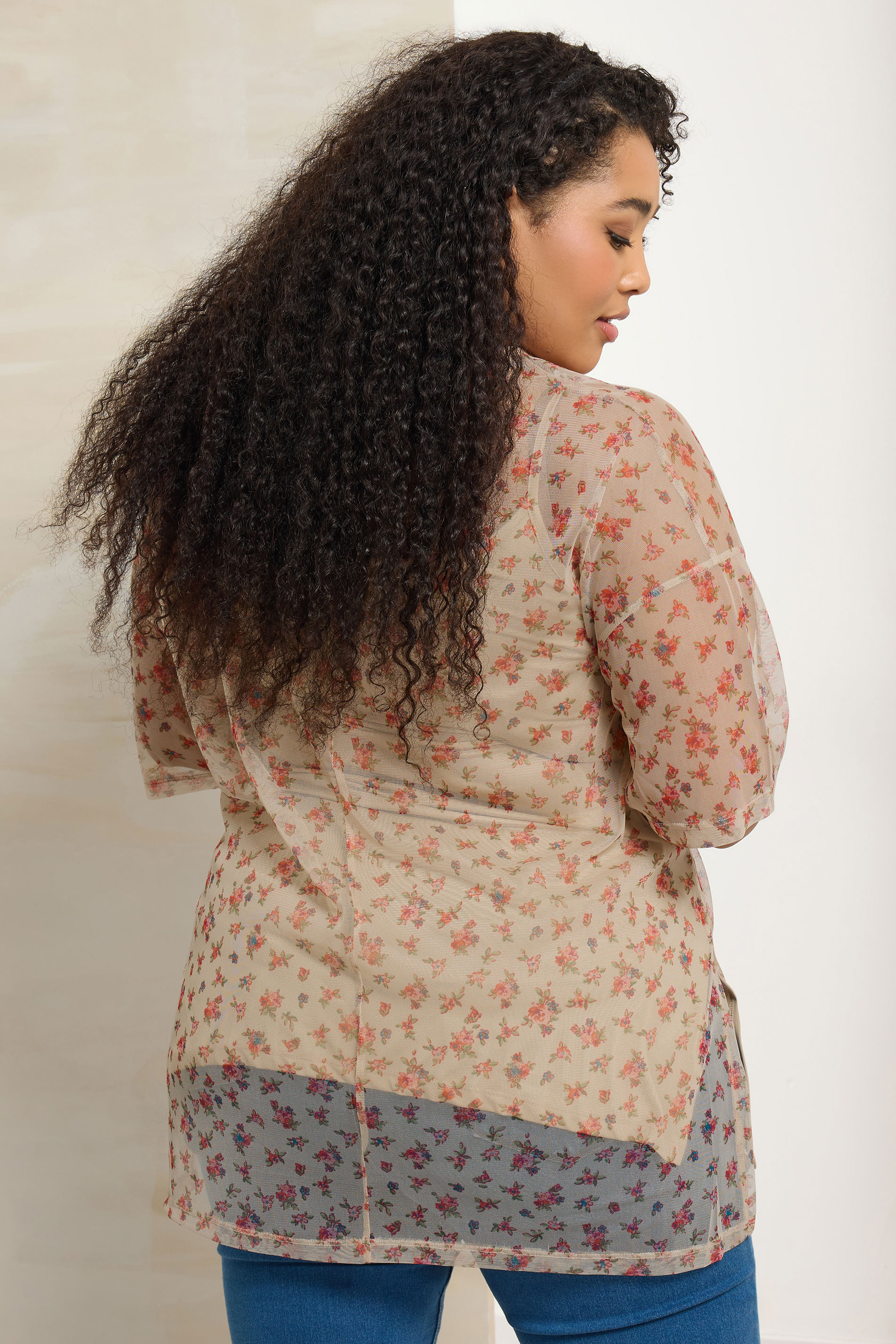 YOURS Plus Size Natural Brown Ditsy Floral Oversized Mesh Top | Yours Clothing 2