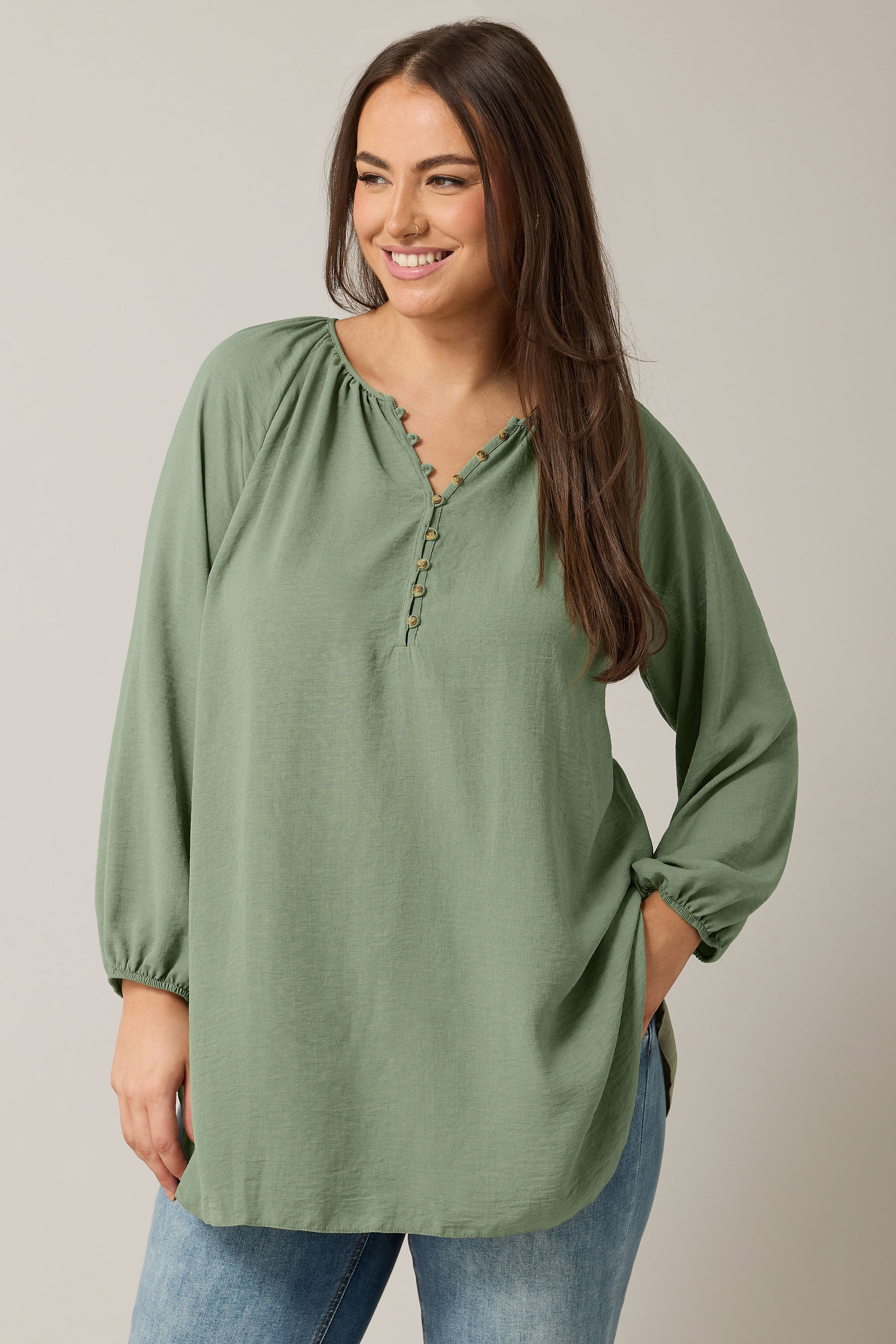 EVANS Plus Size Khaki Green Button Front Long Sleeve Blouse | Evans 3