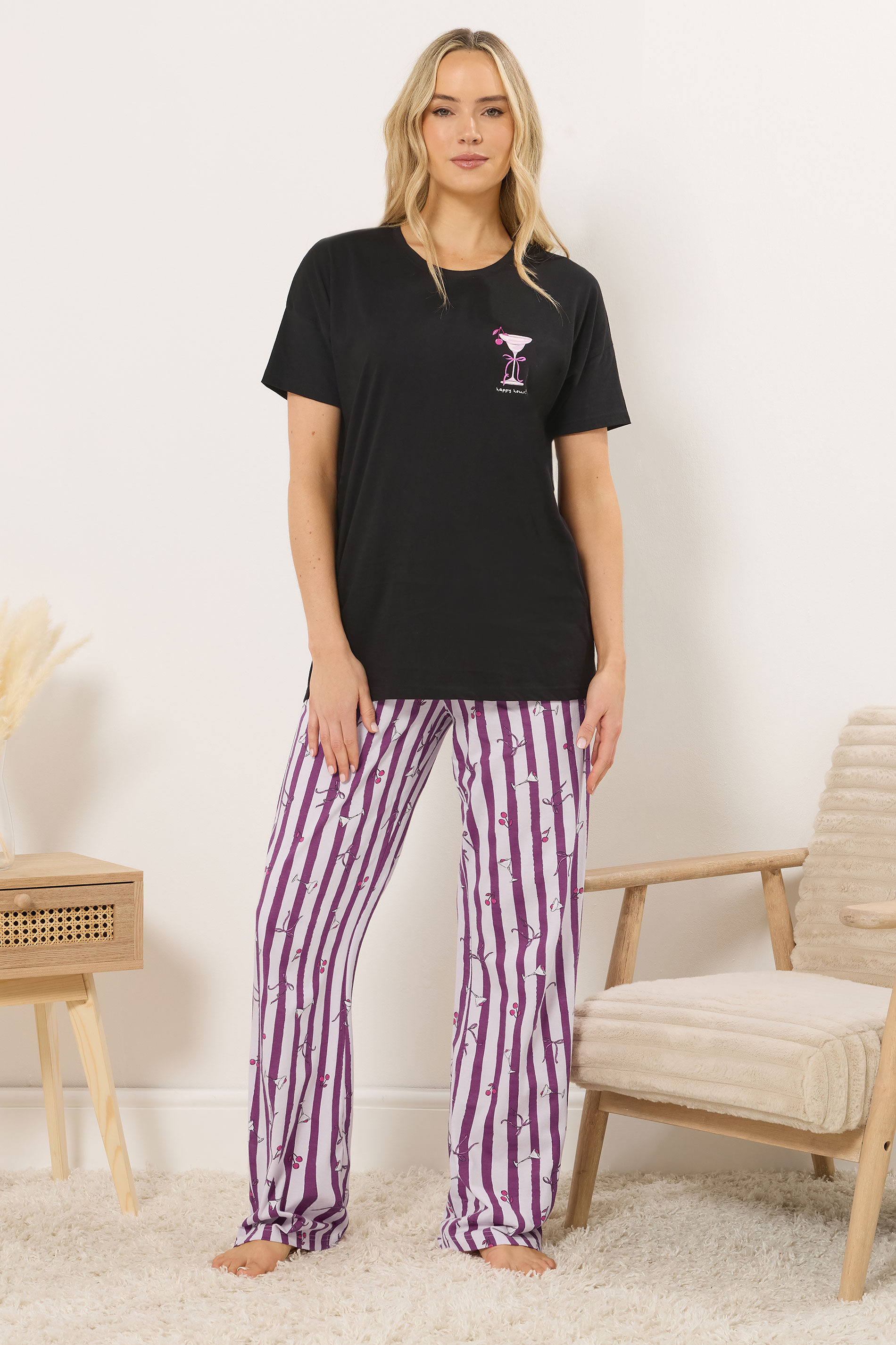 LTS Tall Women's Black 'Happy Hour' Cocktail Cotton Wide Leg Pyjama Set | Long Tall Sally 3