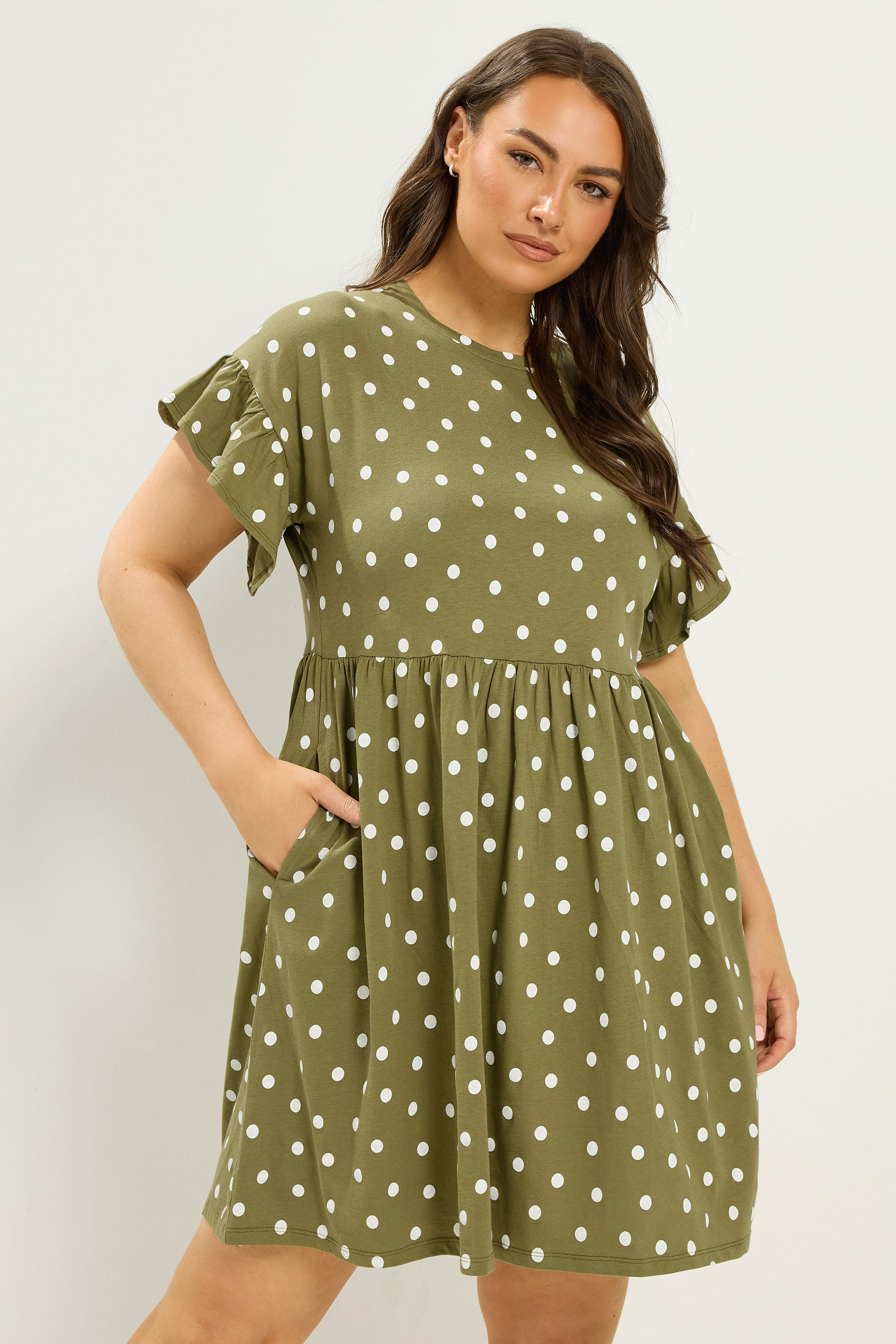 YOURS Plus Size Khaki Green Polka Dot Tunic Dress | Yours Clothing 3