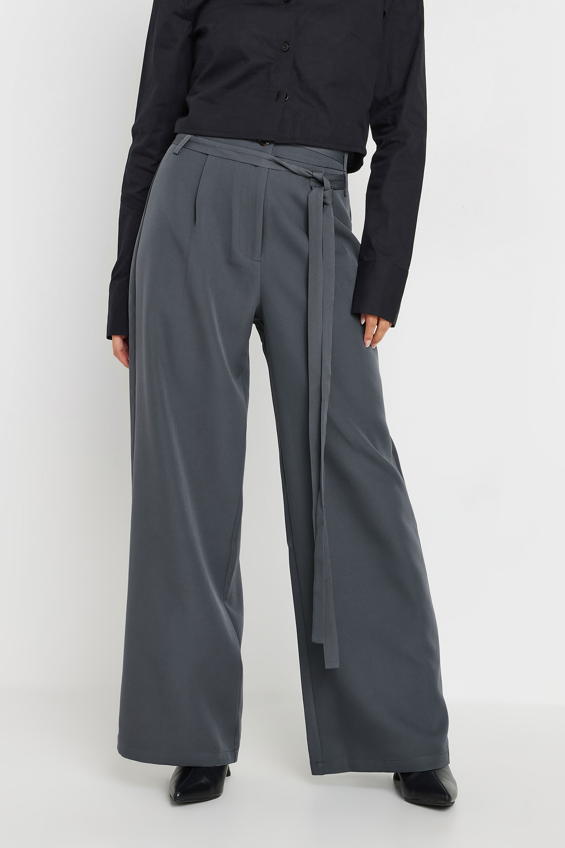 PixieGirl Petite Women's Grey Double Wrap Belted Wide Leg Trousers | PixieGirl 1