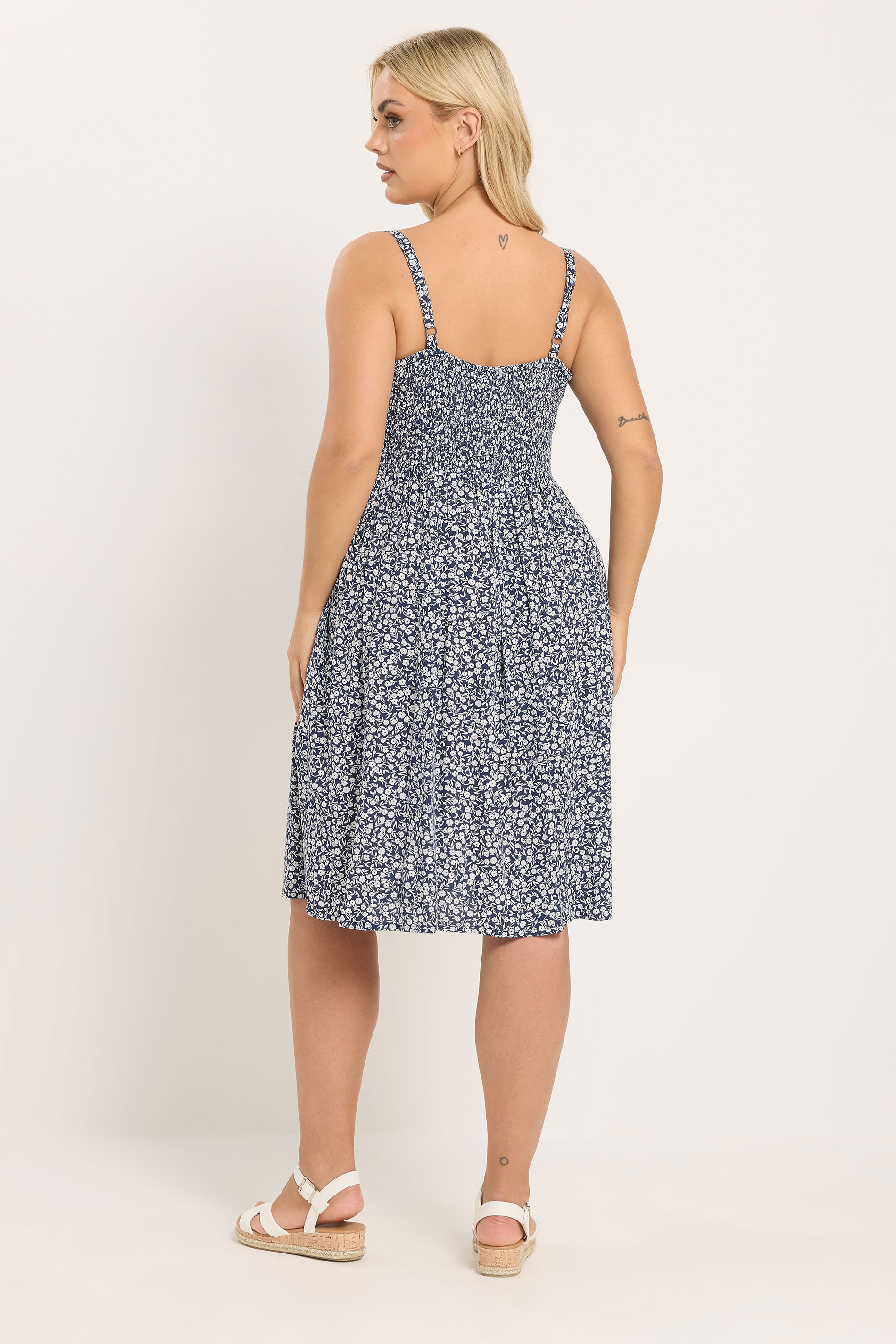 YOURS Plus Size Navy Blue Ditsy Floral Strappy Sundress | Yours Clothing 2