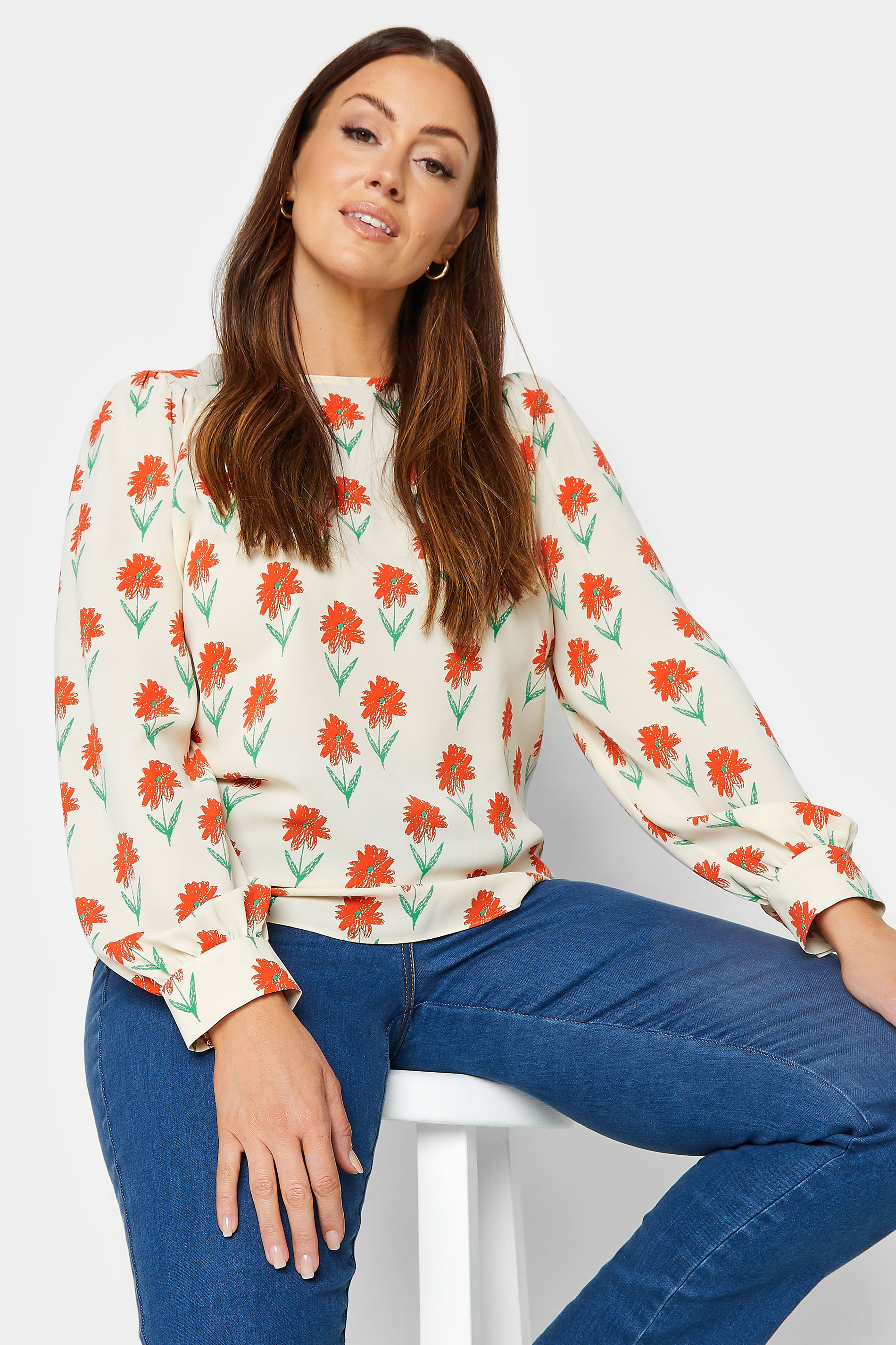 M&Co Ivory White Floral Print Long Sleeve Blouse | M&Co 1