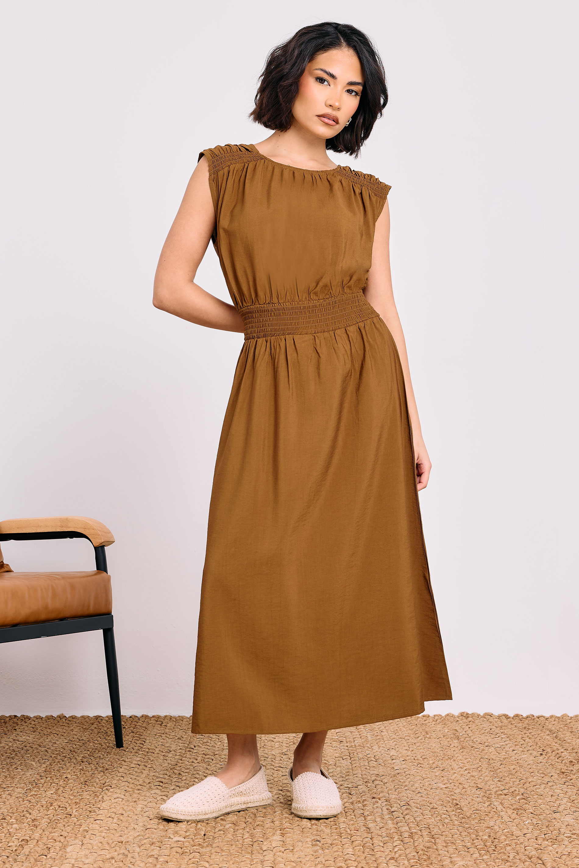 PixieGirl Petite Women's Brown Shirred Waist Maxi Dress | PixieGirl 3