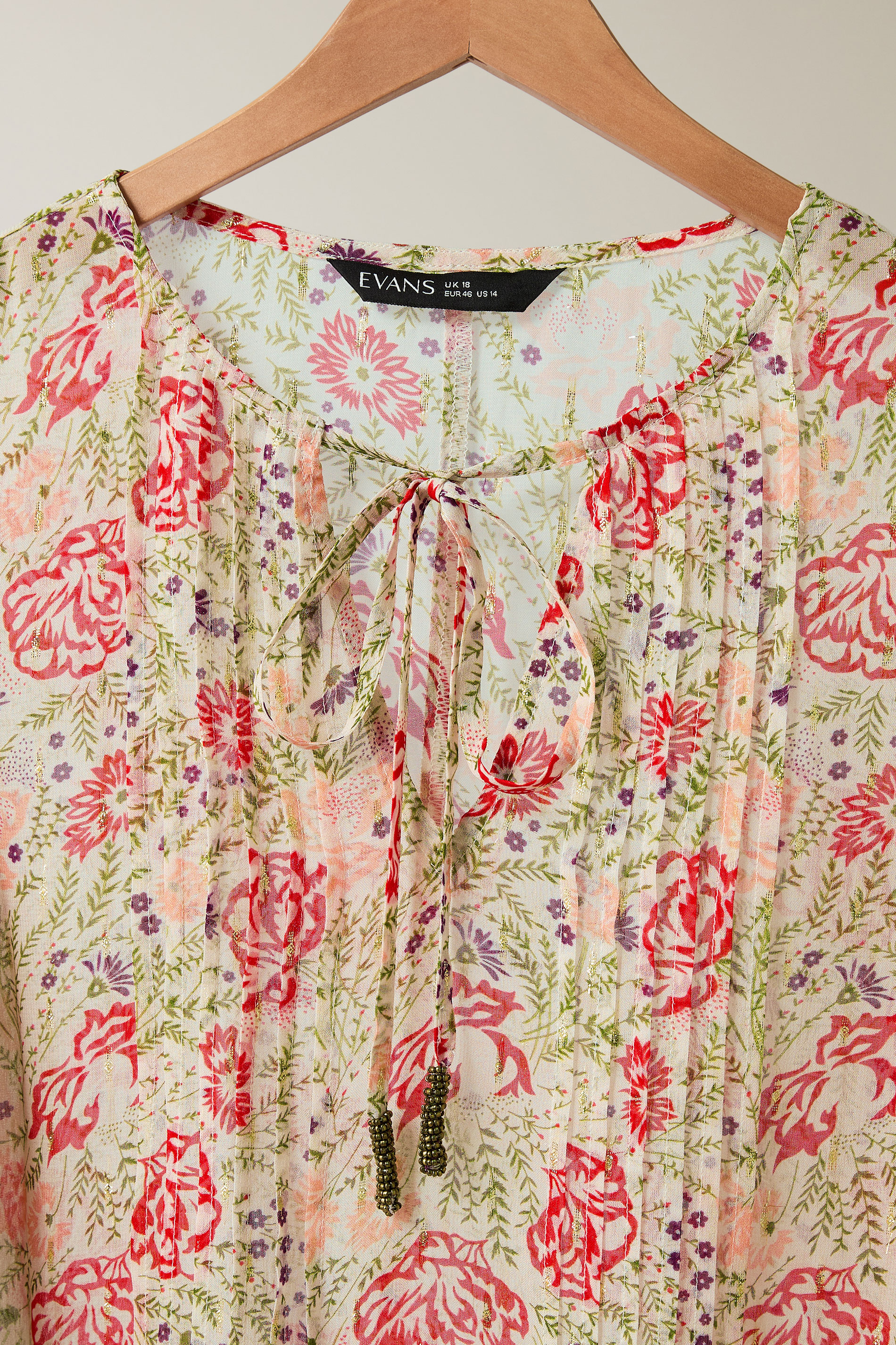 EVANS Plus Size Natural Brown Floral Tie Neck Blouse | Evans 7