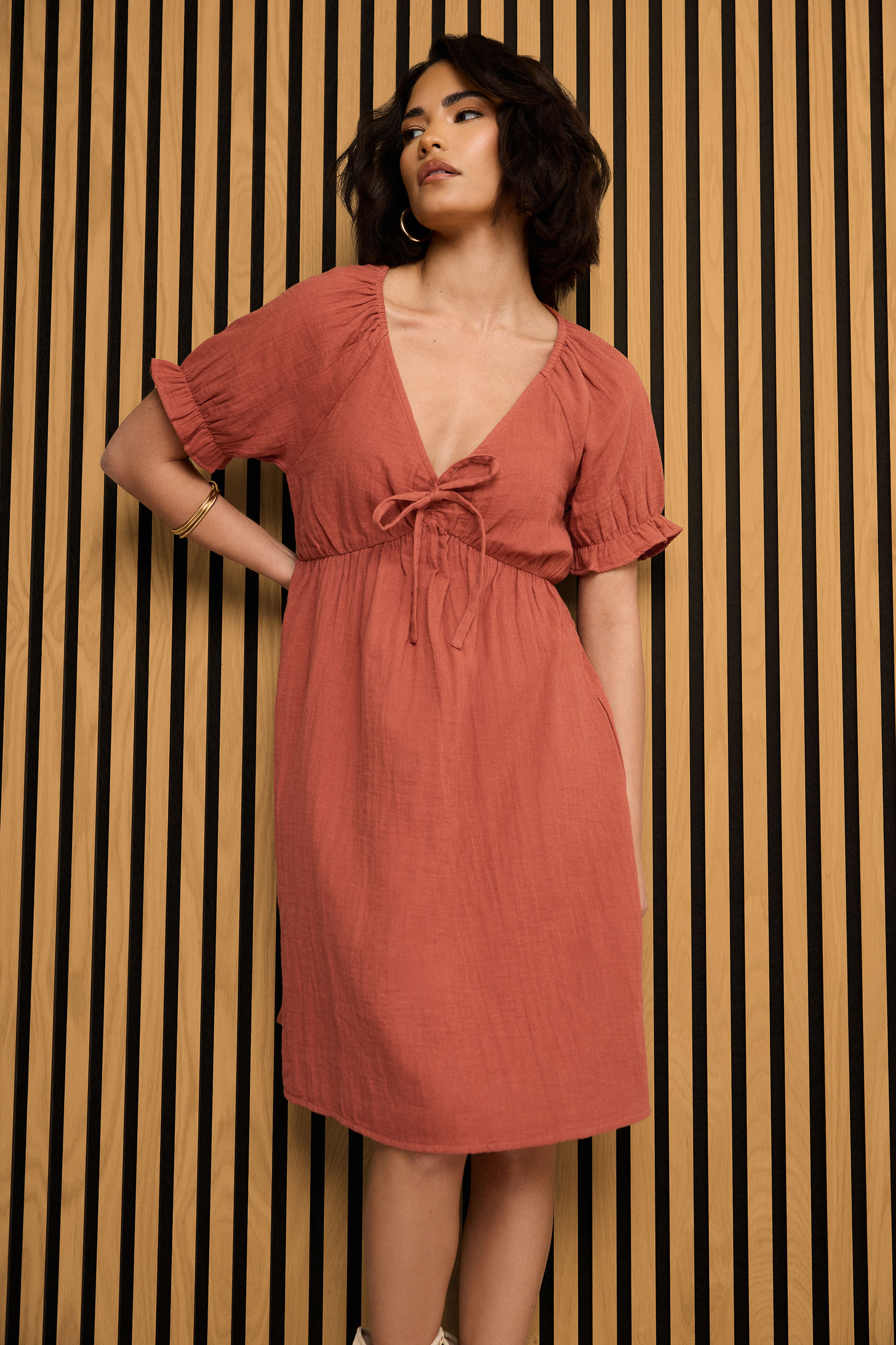 PixieGirl Petite Women's Rust Orange Tie Front Cotton Mini Dress | PixieGirl 1