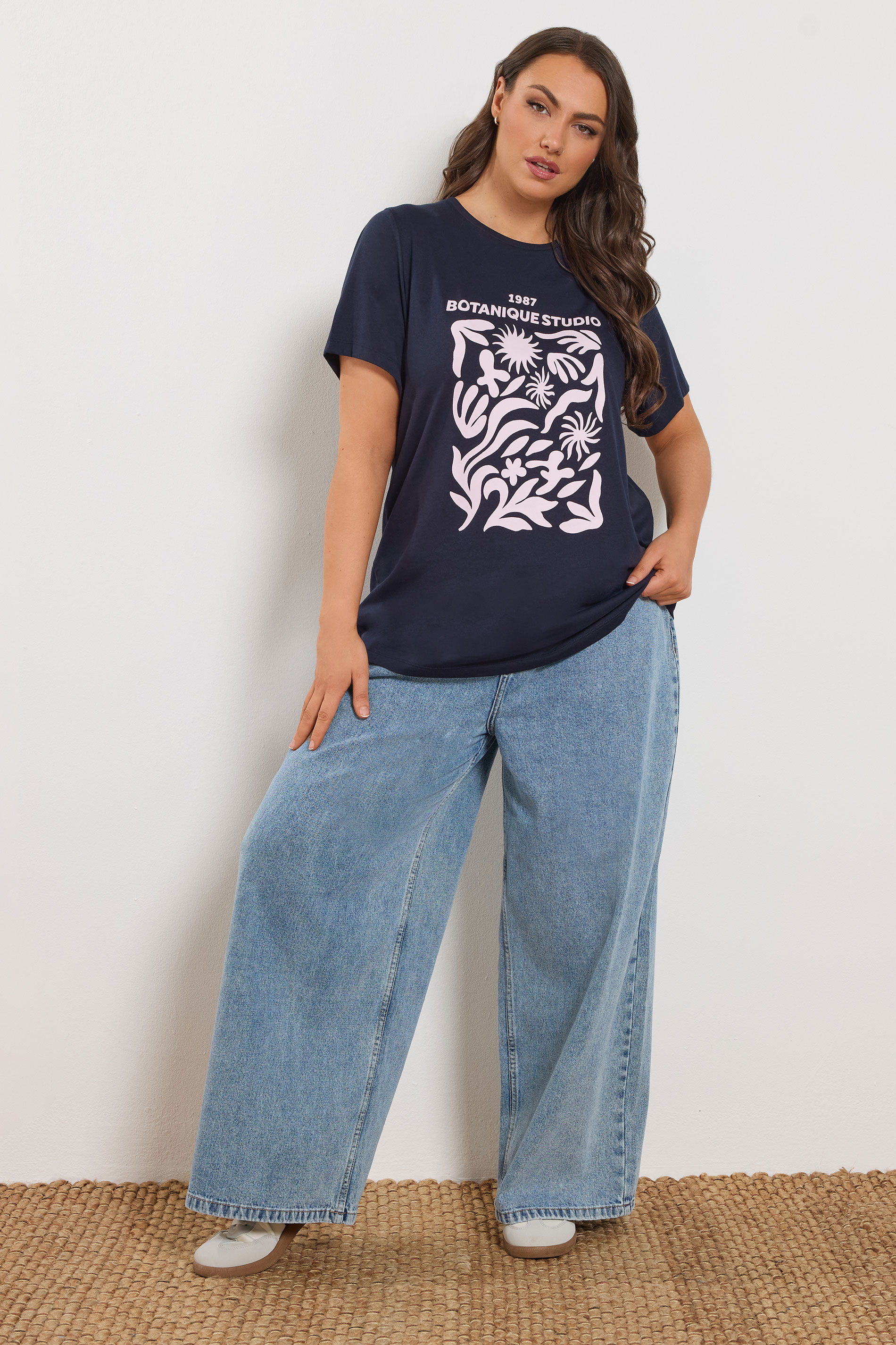 YOURS Plus Size Navy Blue 'Botanique Studios' Graphic T-Shirt | Yours Clothing 1