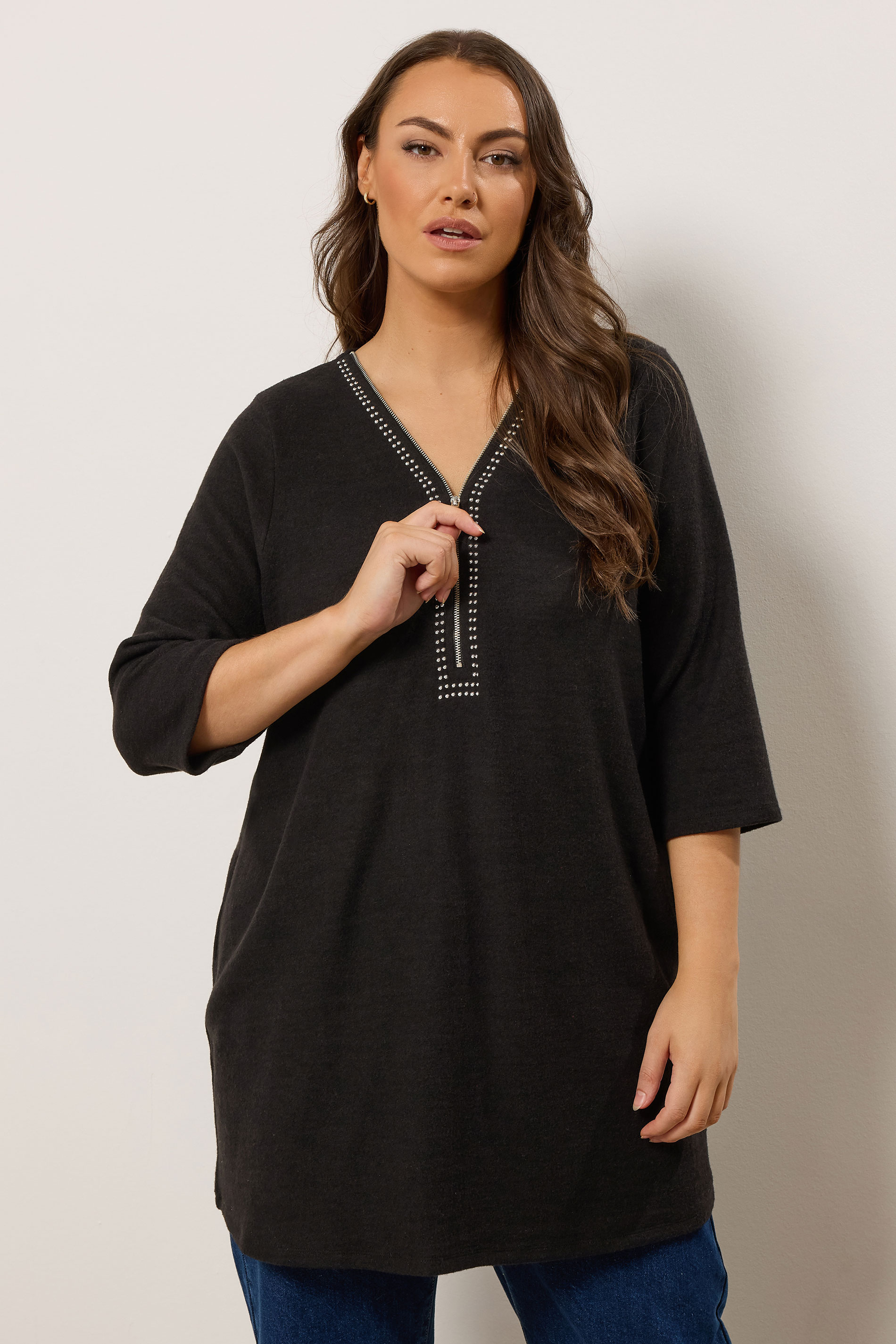 EVANS Plus Size Black Zip Front Stud Detail Top | Evans 3
