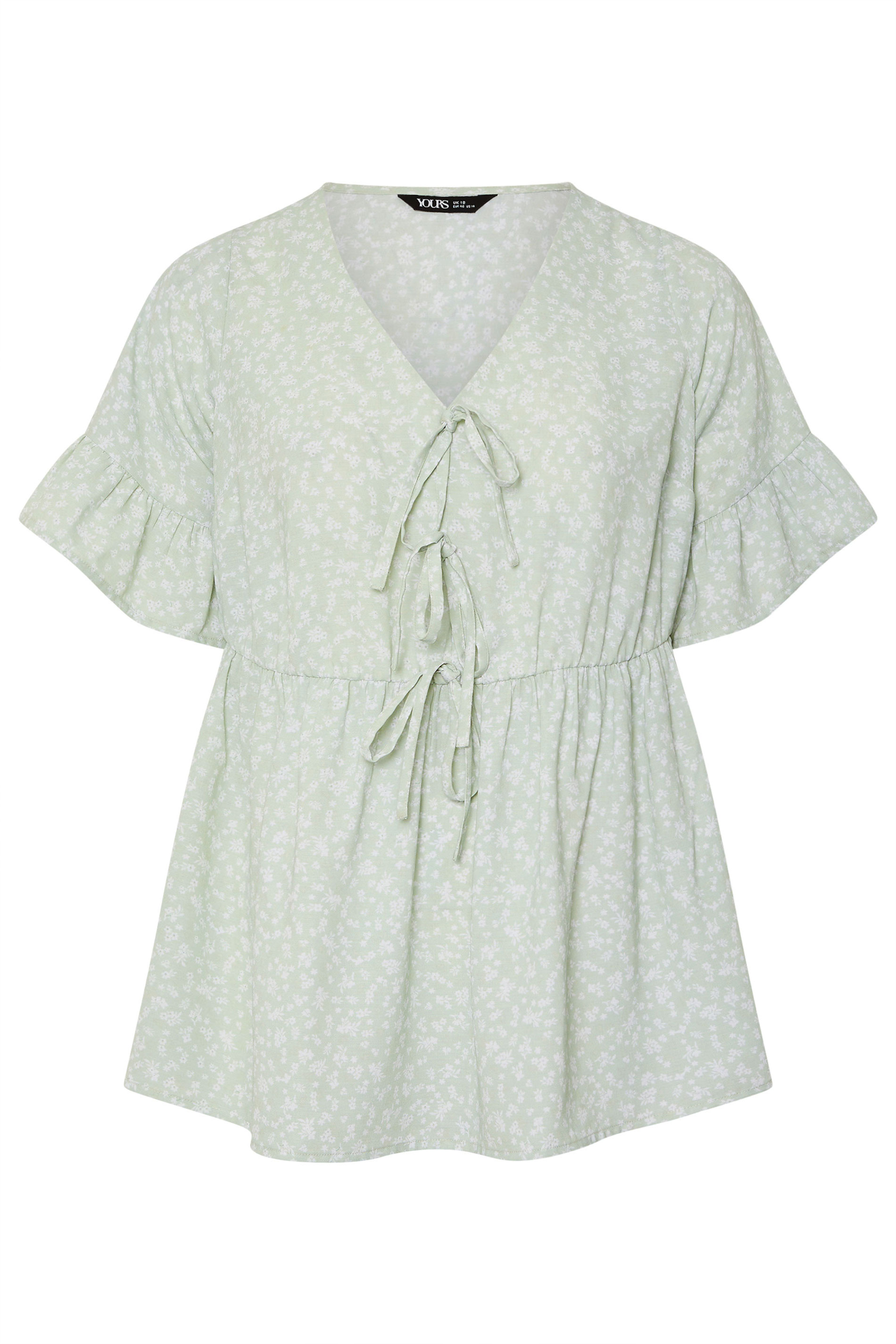 YOURS Plus Size Sage Green Ditsy Floral Tie Front Peplum Top | Yours Clothing 5