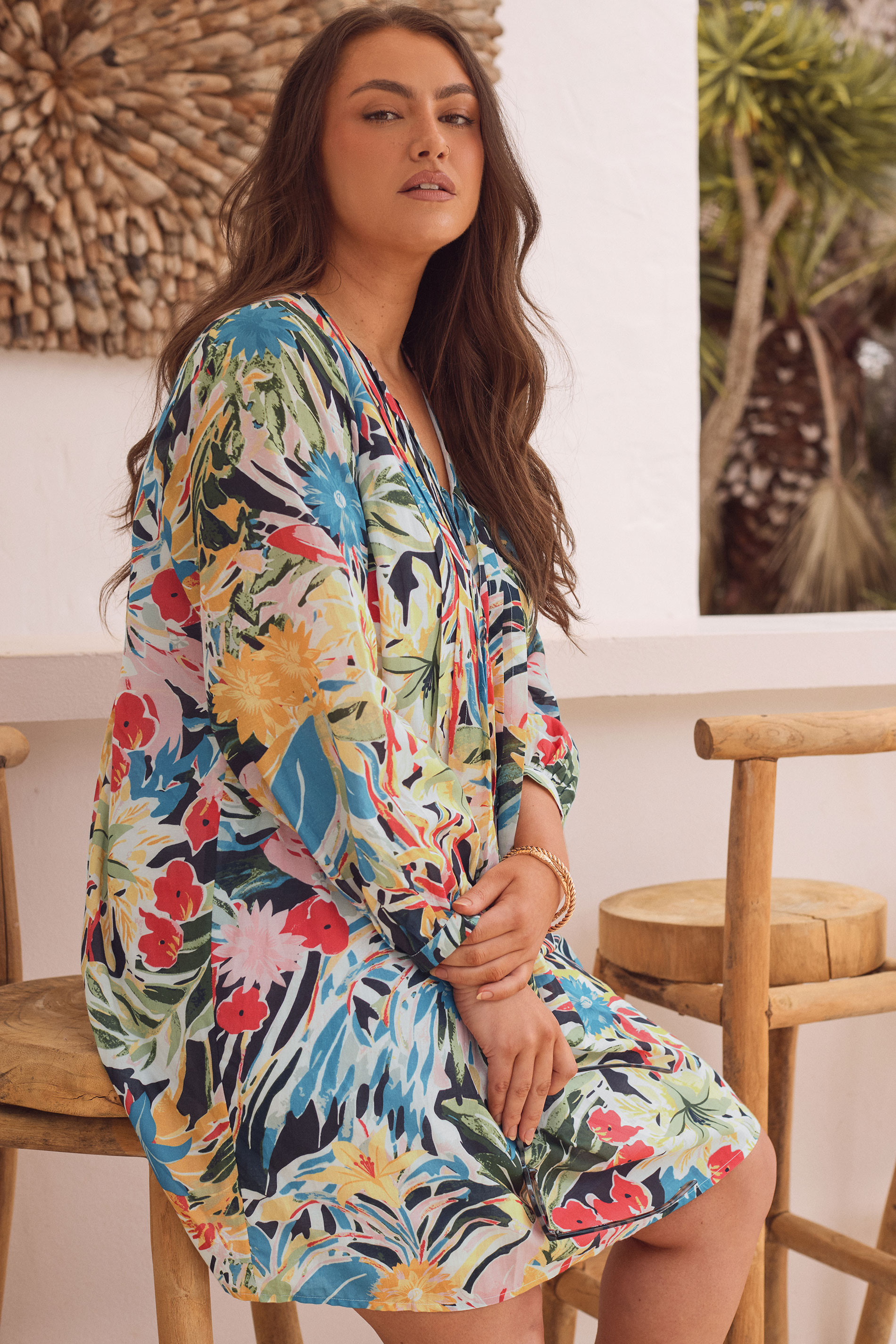 EVANS Plus Size Blue & Yellow Floral Pleated Swing Dress | Evans 3