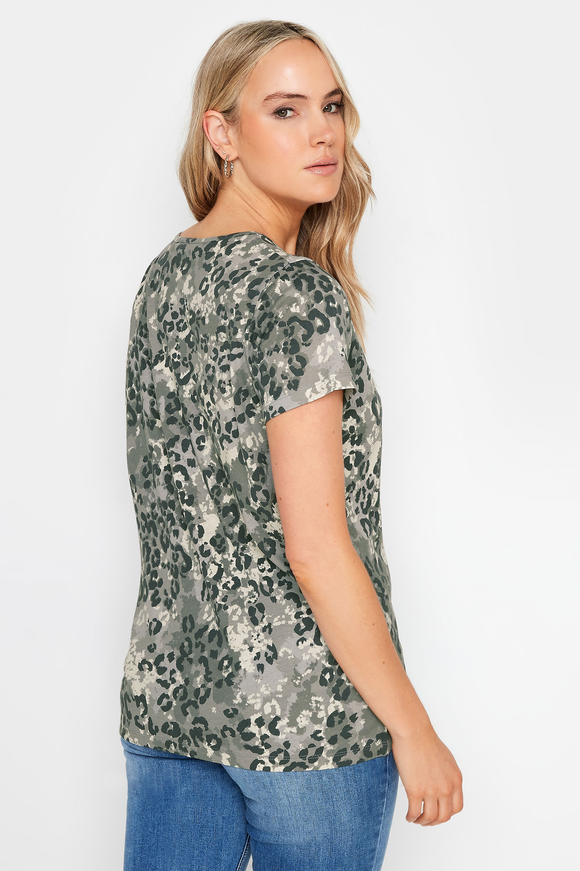 LTS Tall Grey Camo Leopard Print Cotton V-neck Top | Long Tall Sally 2