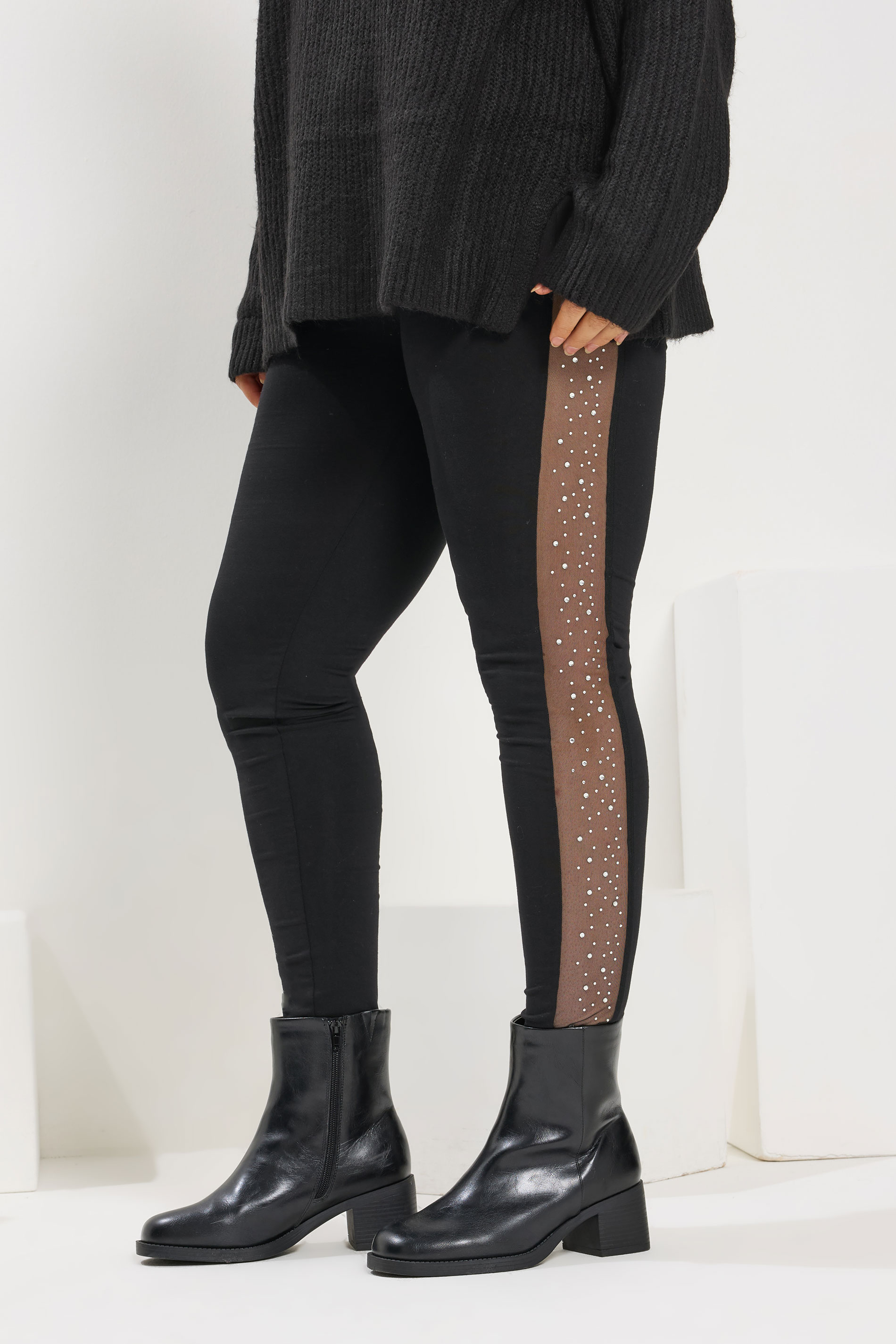 YOURS Plus Size Black Diamante Mesh Side Stripe Leggings | Yours Clothing 3