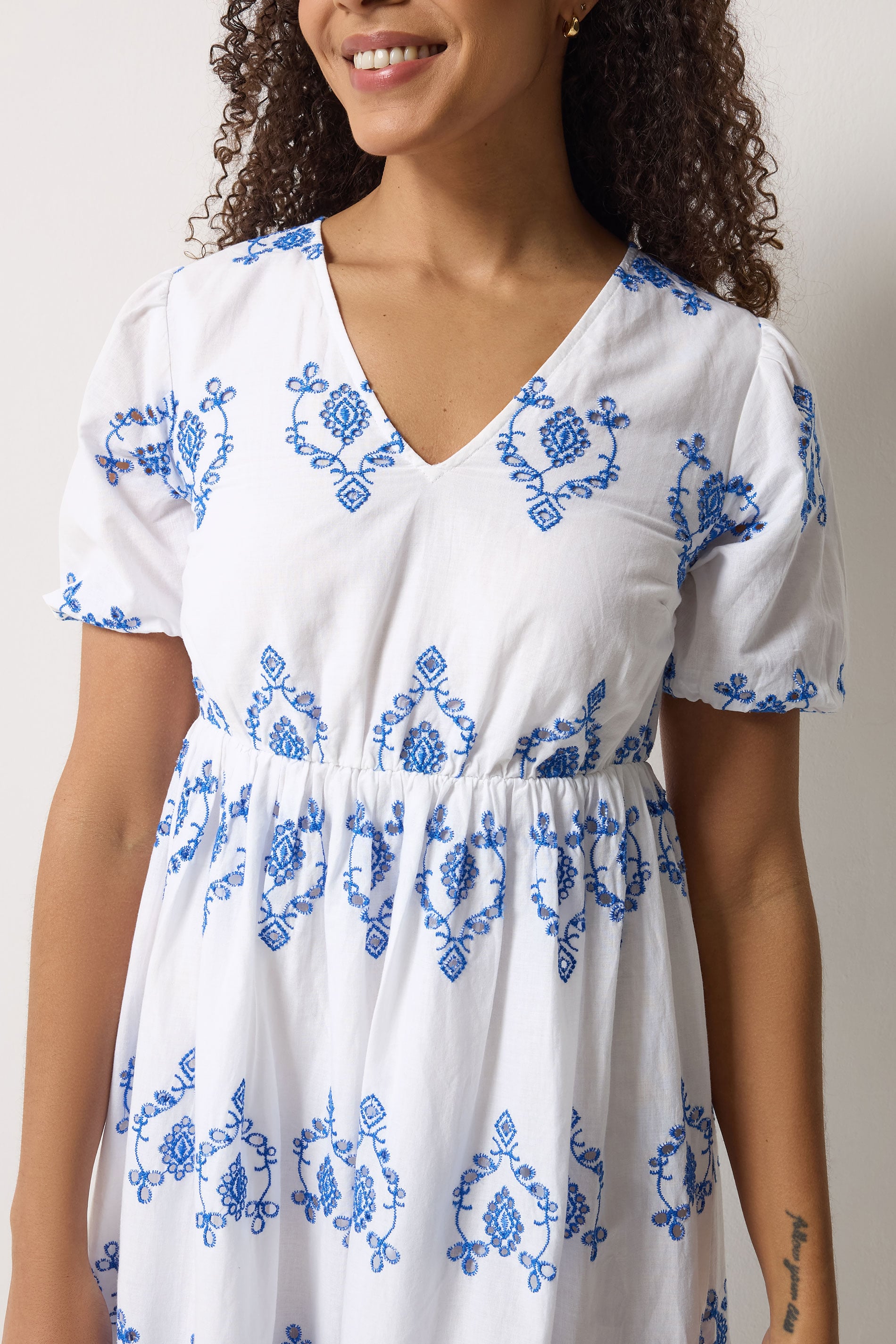 M&Co White & Blue Broderie Cotton Midi Dress | M&Co 5