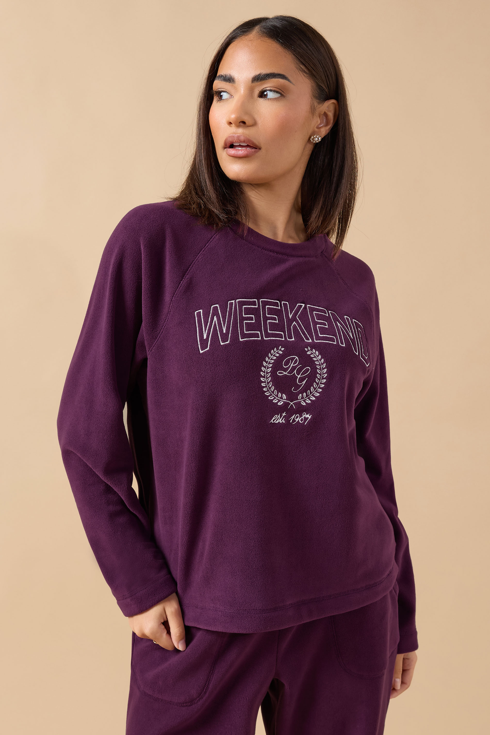 PixieGirl Petite Women's Burgundy Red 'Weekend' Slogan Fleece Lounge Top | PixieGirl 3