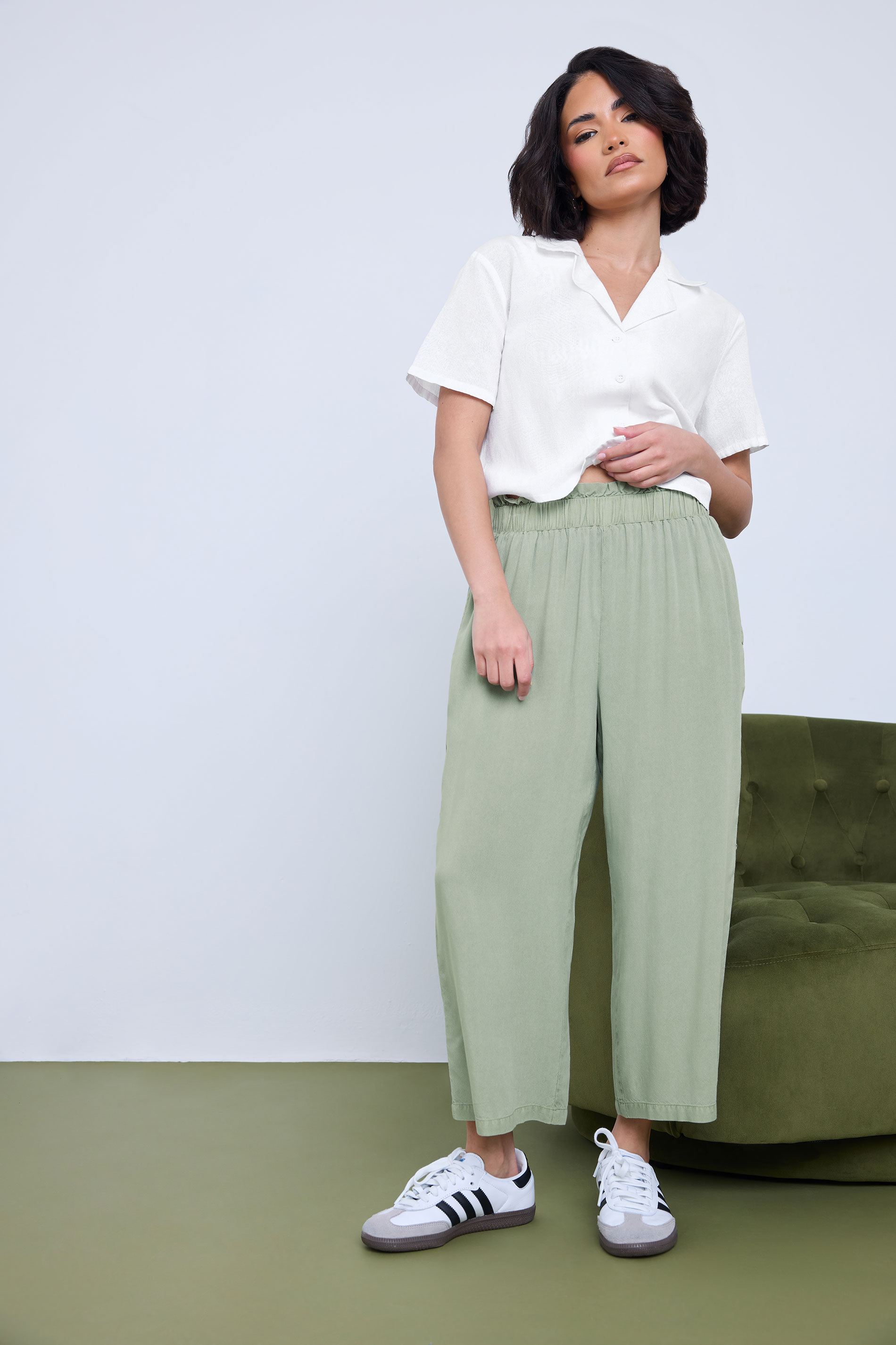 PixieGirl Petite Women's Sage Green Acid Wash Cropped Trousers | PixieGirl 3