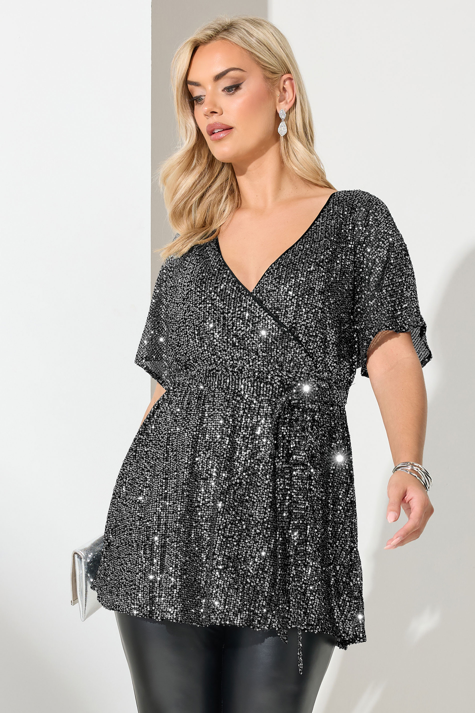 YOURS LONDON Plus Size Silver Sequin Wrap Top | Yours Clothing  3