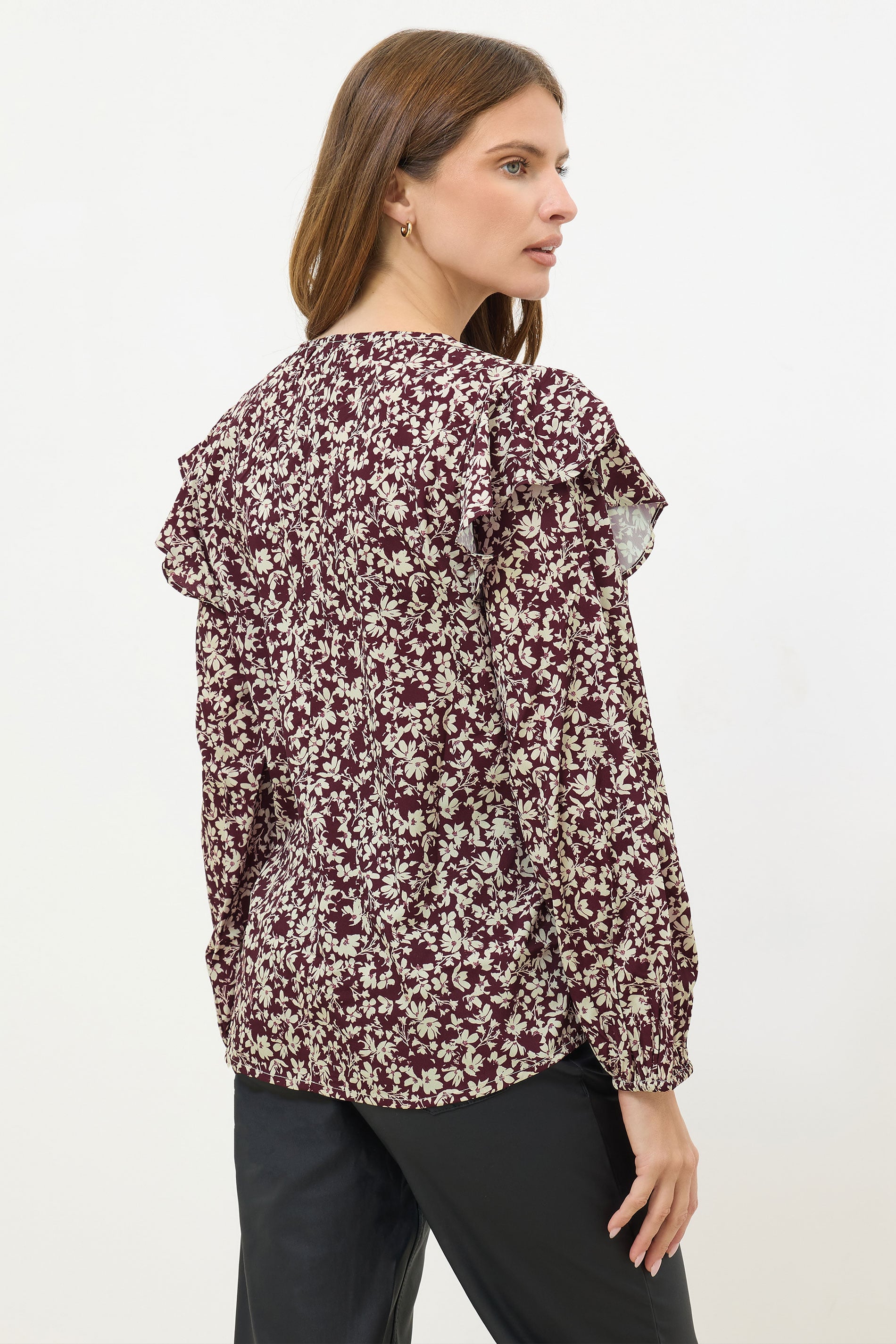 M&Co Berry Purple Floral Print Tie Neck Blouse | M&Co 5