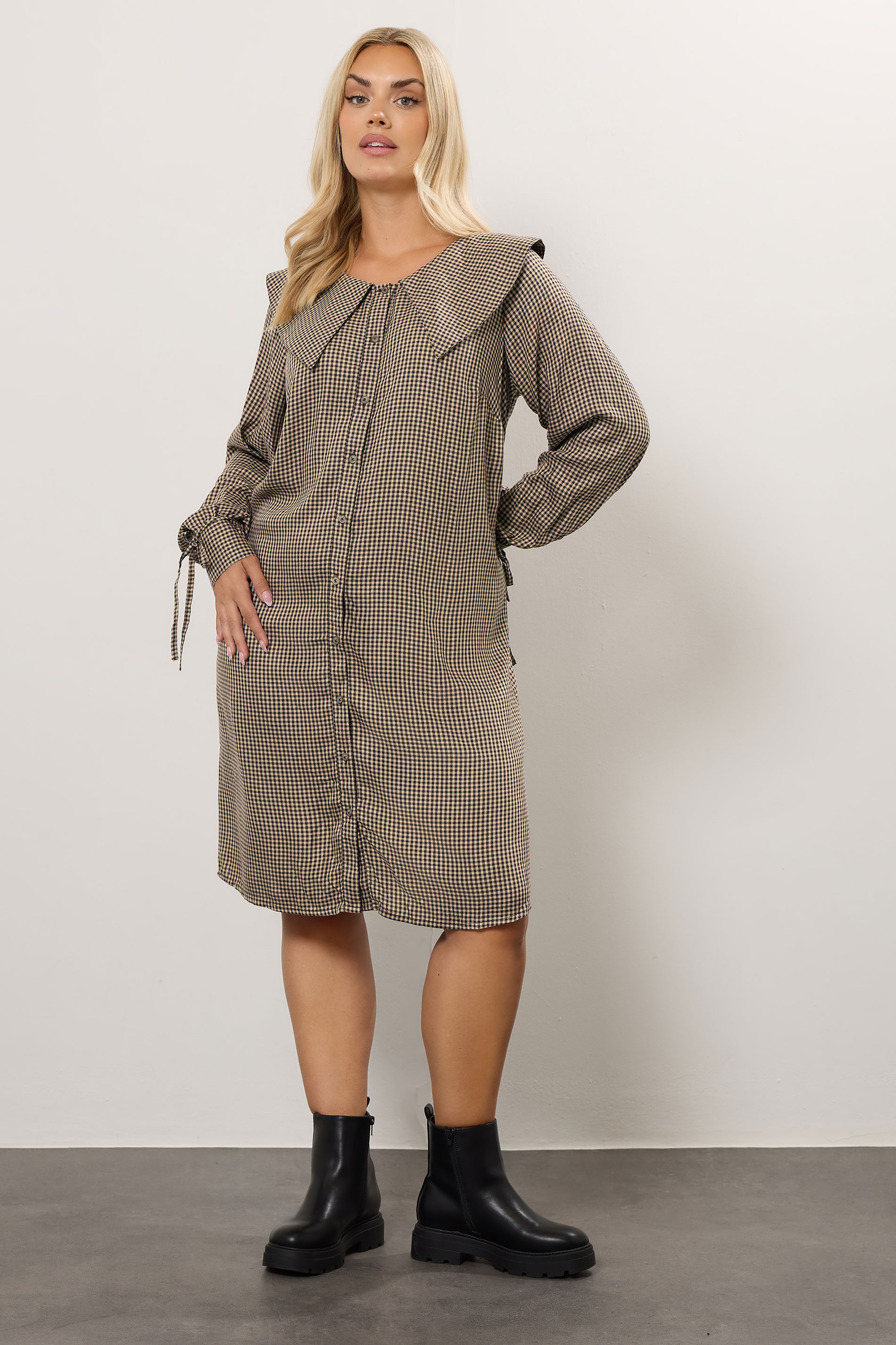 YOURS Plus Size Brown Check Collar Mini Dress | Yours Clothing 3