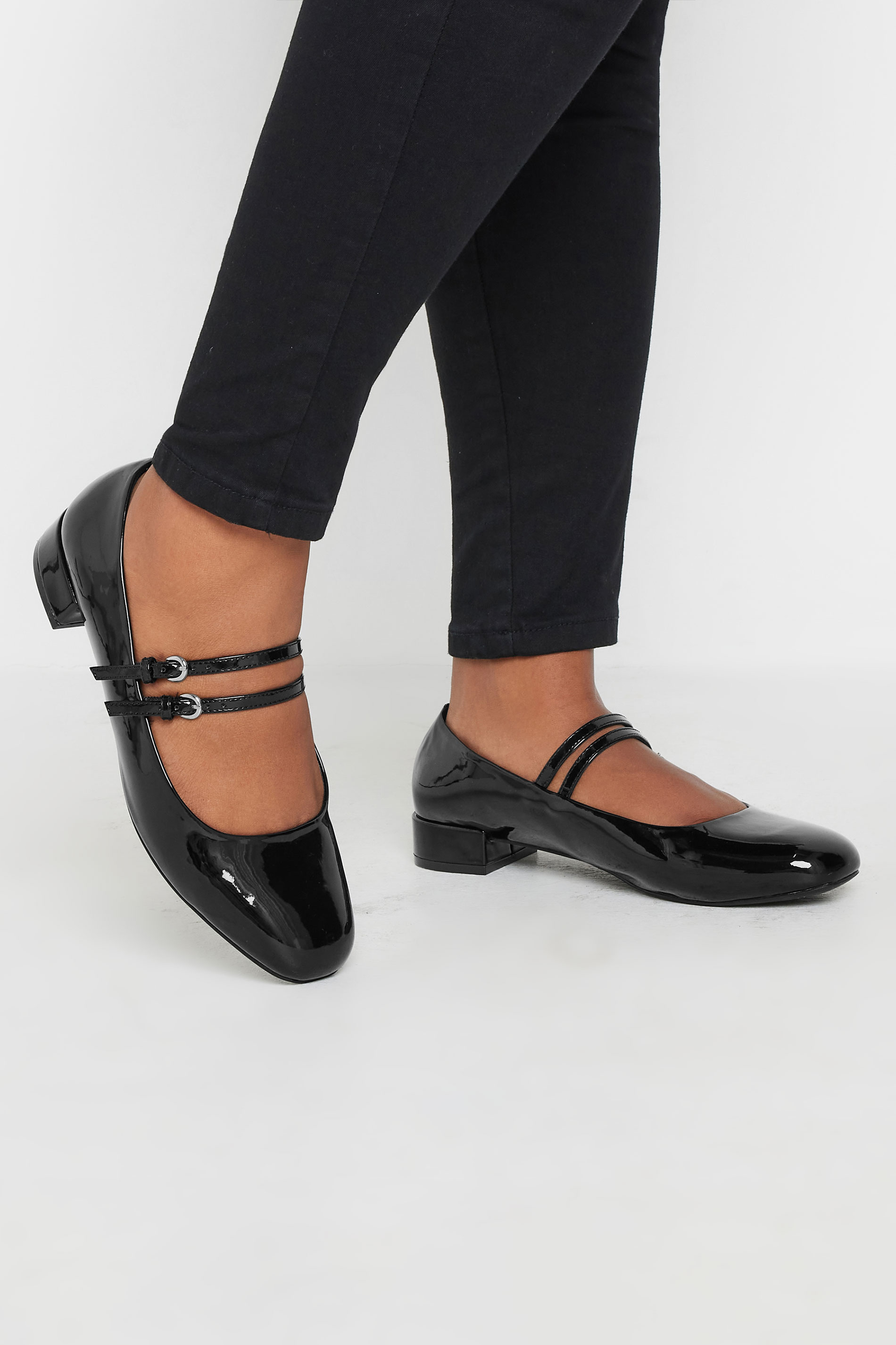 Women's Black Yours Patent Low Block Mary Jane Shoes In Extra Wide Eee Fit Size 10Eee