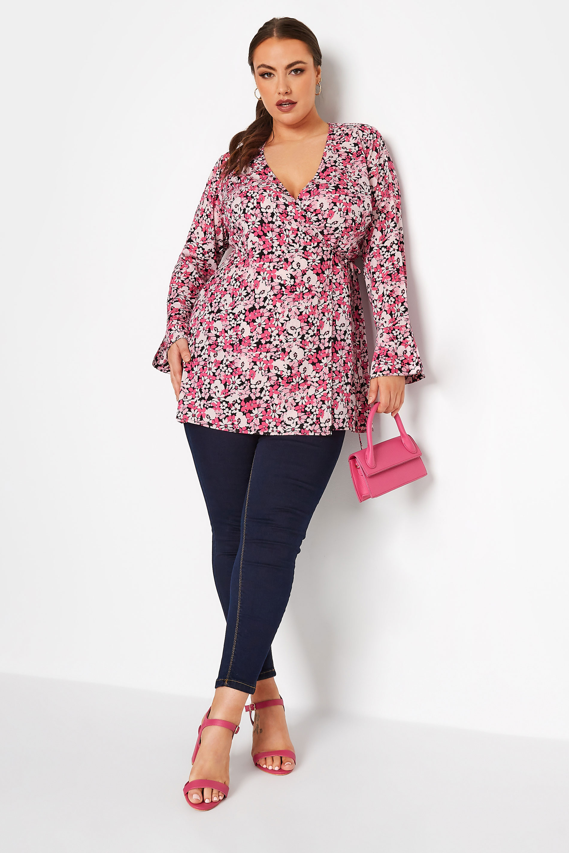 YOURS Plus Size Pink Floral Print Wrap Top | Yours Clothing 2