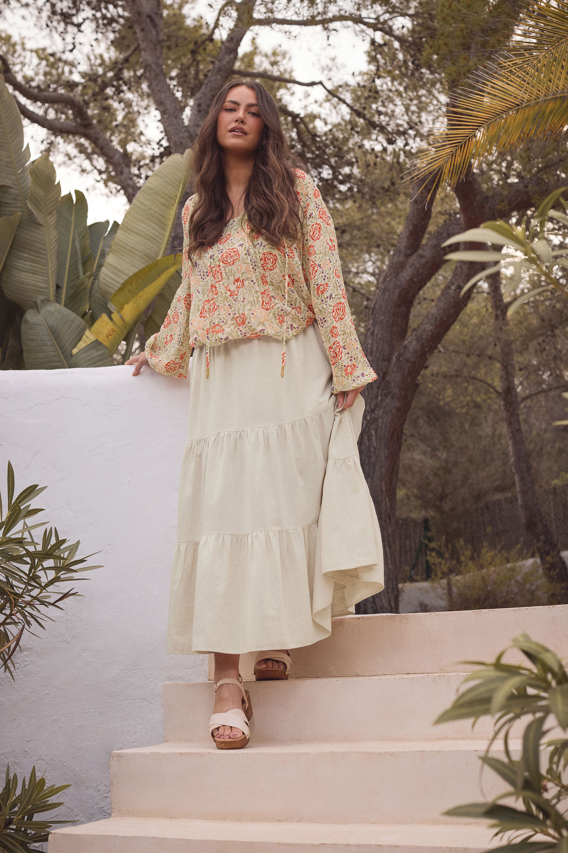 EVANS Plus Size Natural Brown Tiered Linen Maxi Skirt | Evans 3
