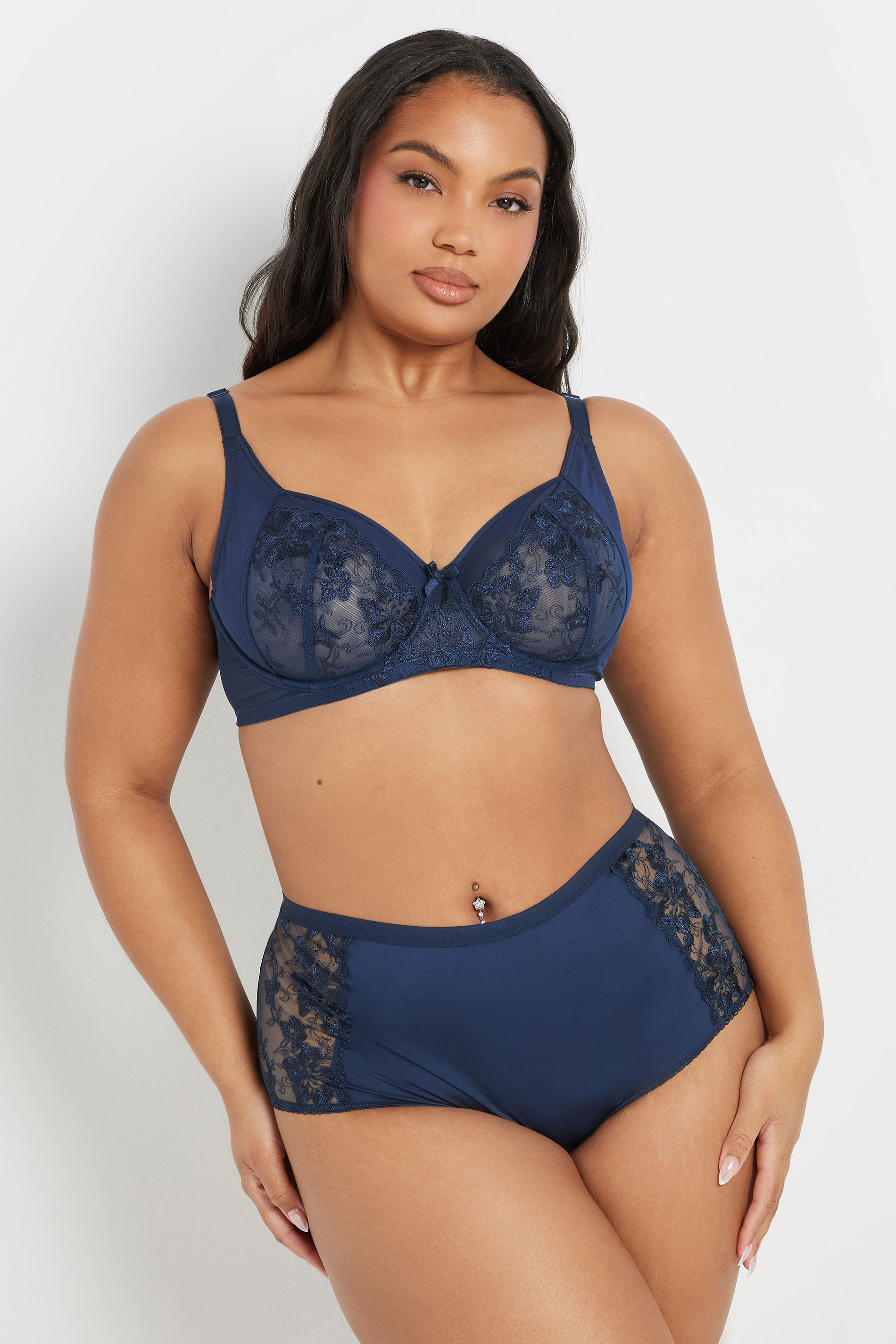 YOURSET 2 PACK Plus Size Navy Blue & White Floral Embroidered Underwired Bras | Yours Clothing 5