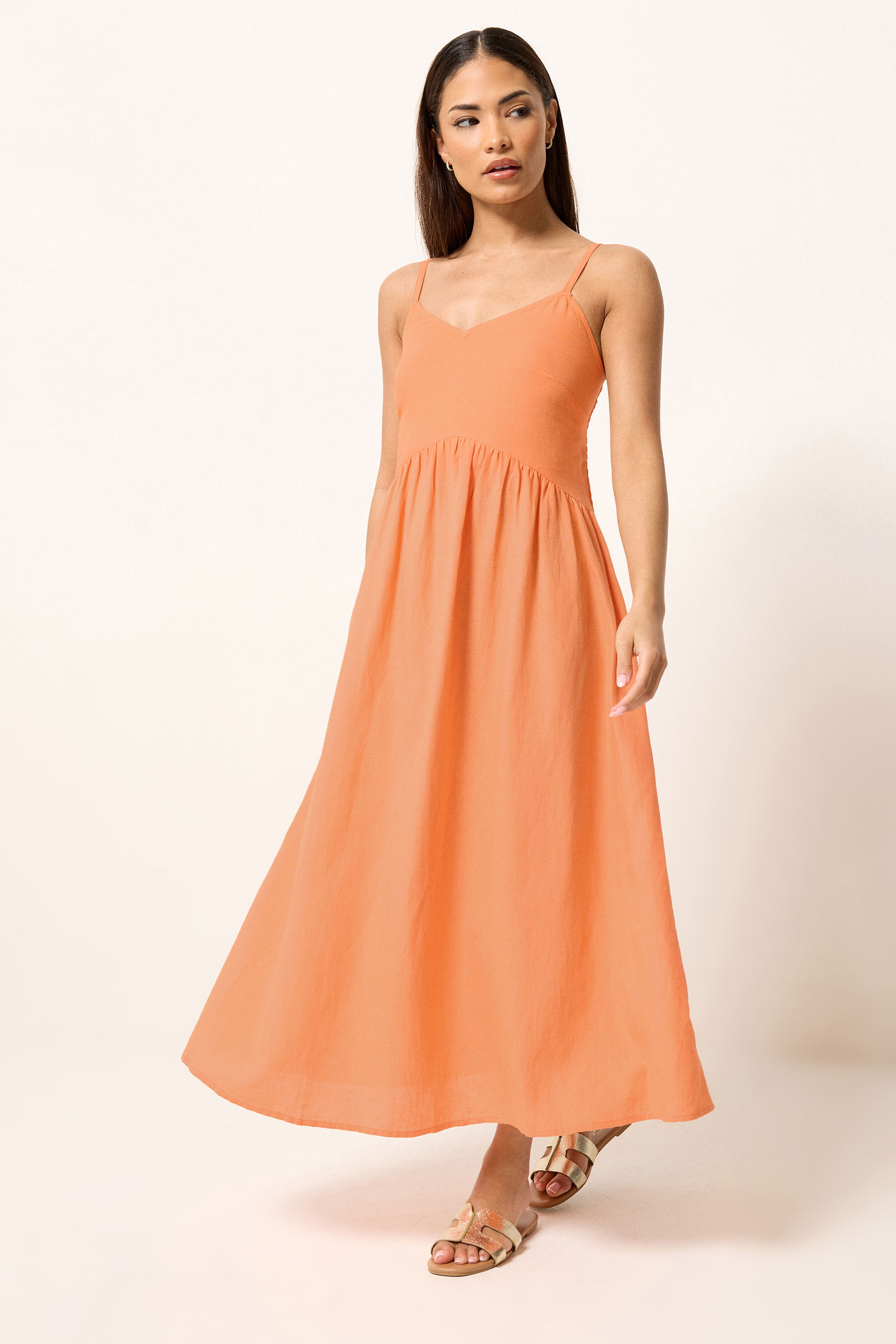 PixieGirl Petite Women's Orange Linen Strappy Midi Dress | PixieGirl 2