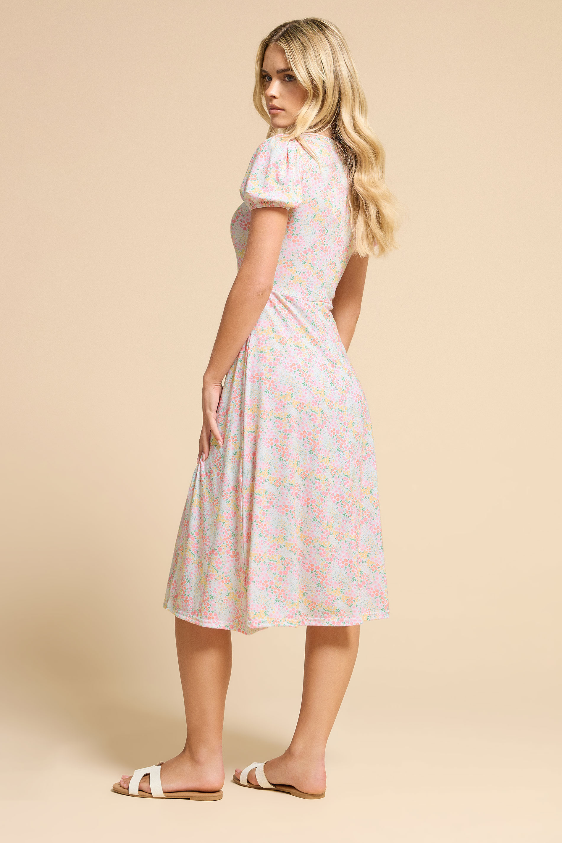 PixieGirl Petite Women's Pink Ditsy Puff Sleeve Midi Dress | PixieGirl 2