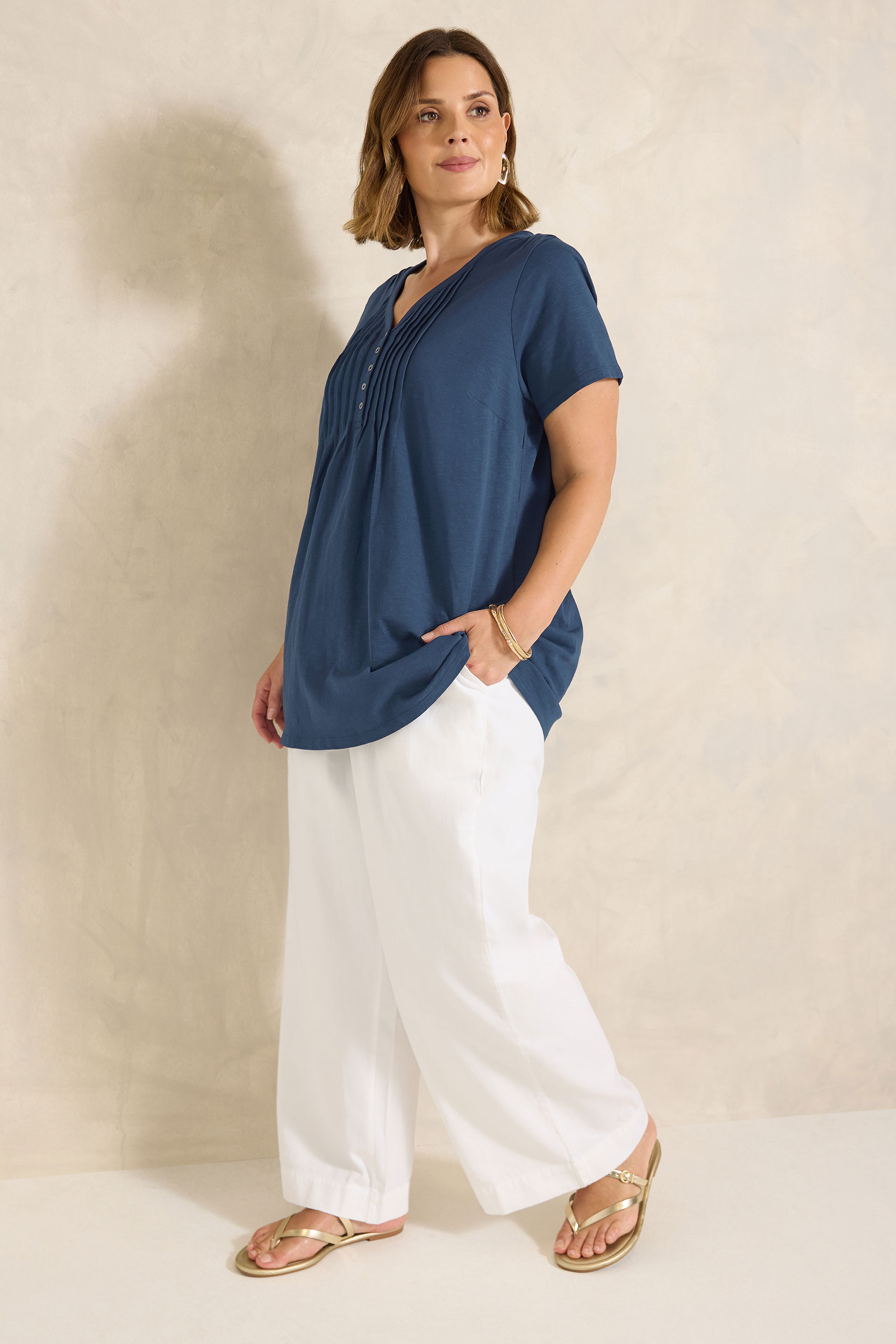 EVANS Plus Size Navy Blue Short Sleeve Cotton Henley Top | Evans 1