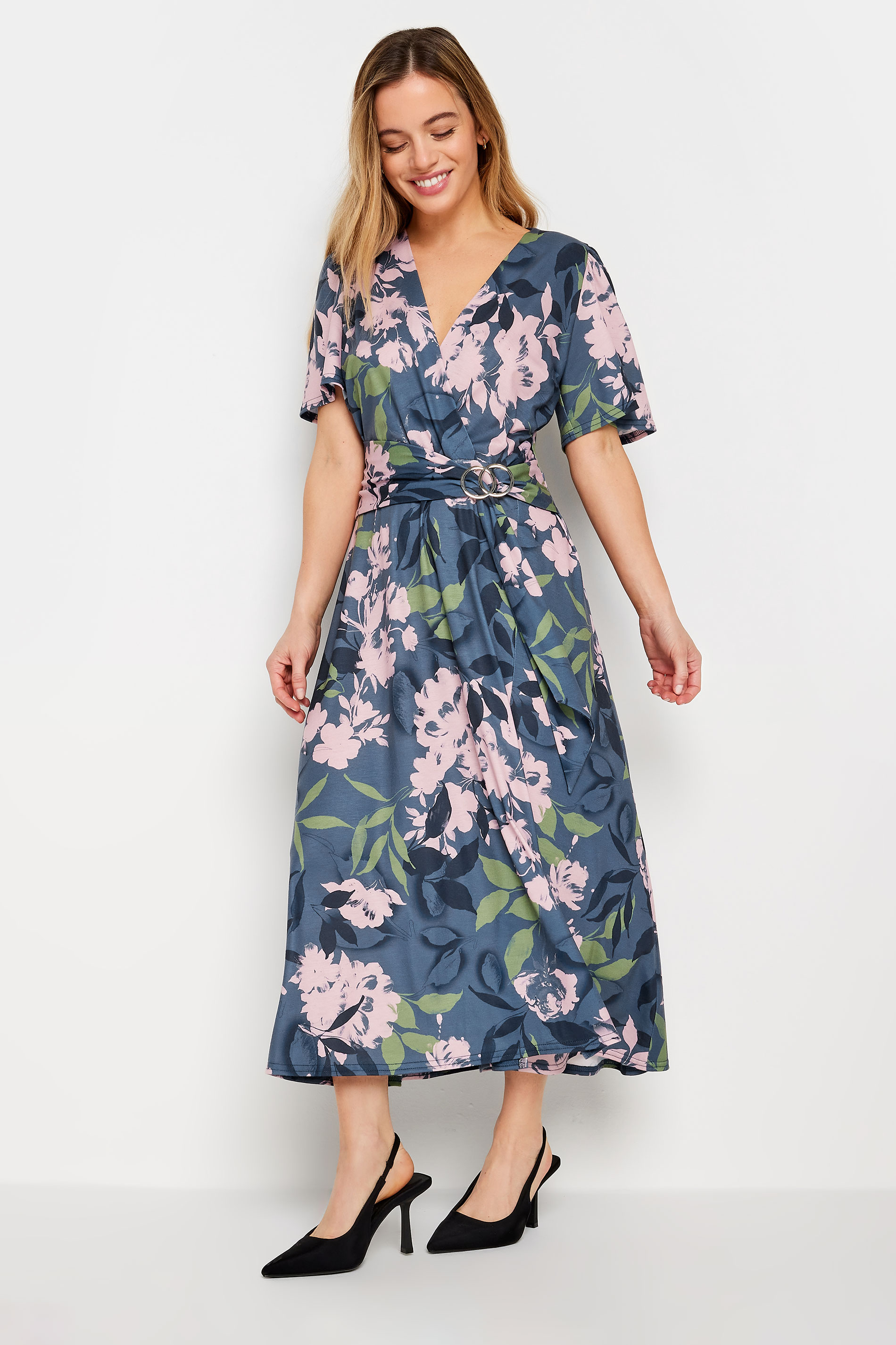 M&Co Petite Blue Floral Belted Wrap Dress | M&Co 2
