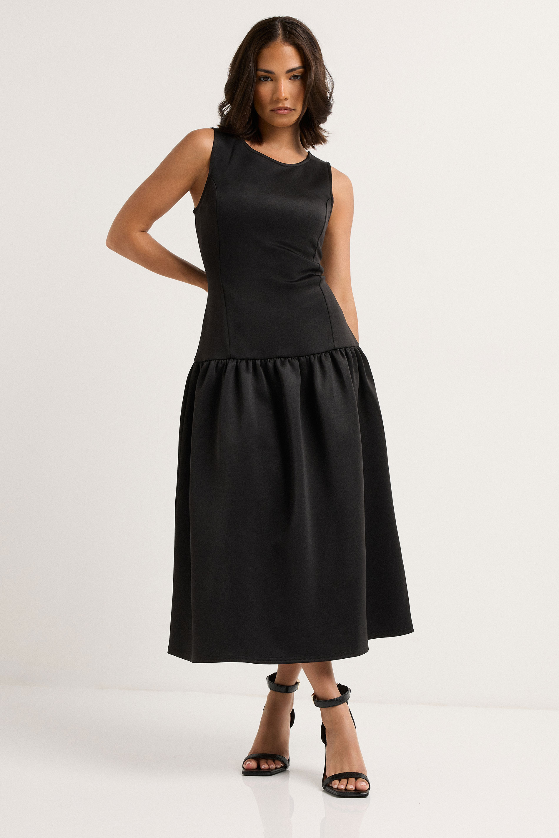 PixieGirl Petite Women's Black Scuba Drop Waist Midi Dress | PixieGirl 3