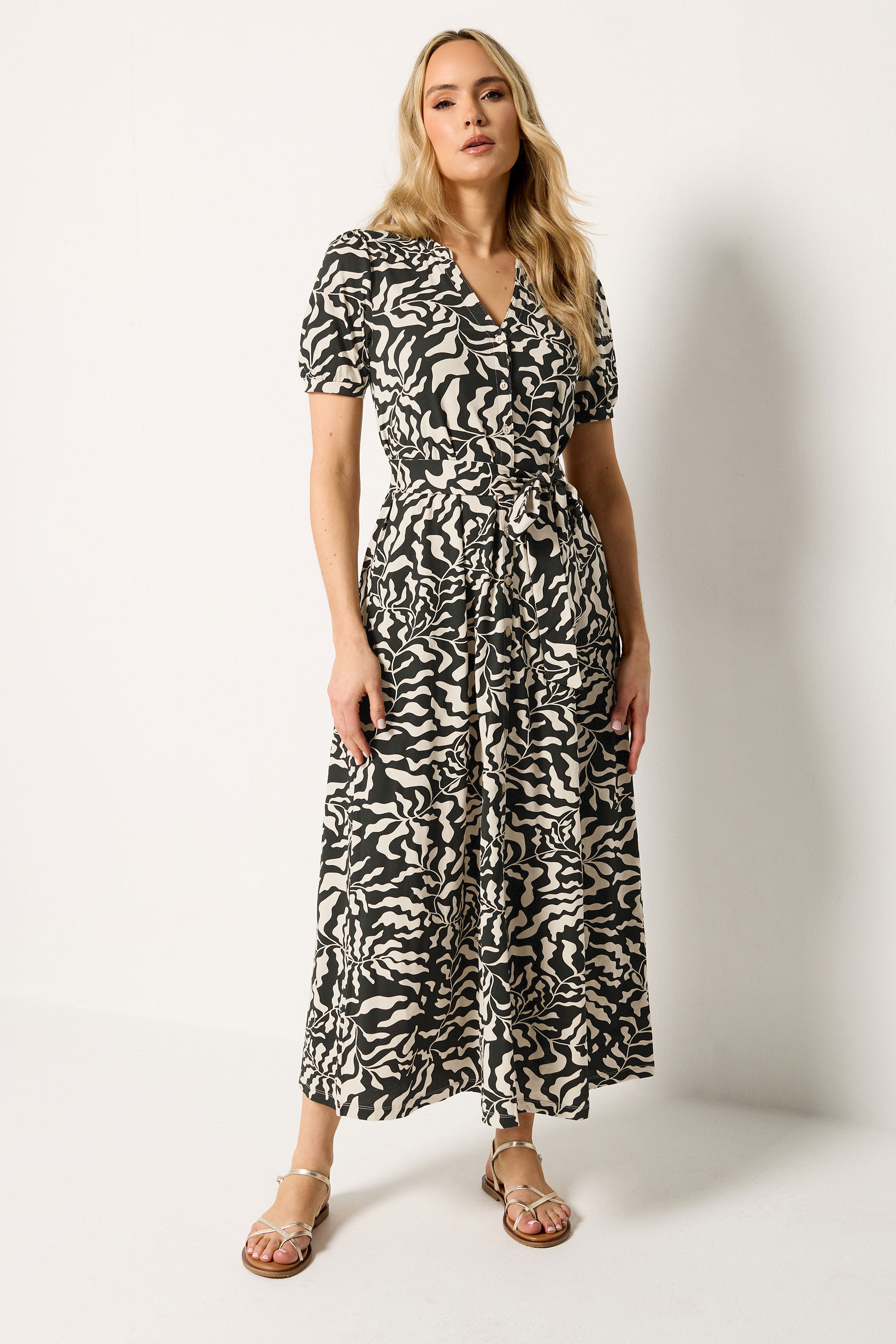 LTS Tall Women's Black & Brown Abstract Button Belted Cotton Midi Dress | Long Tall Sally  3