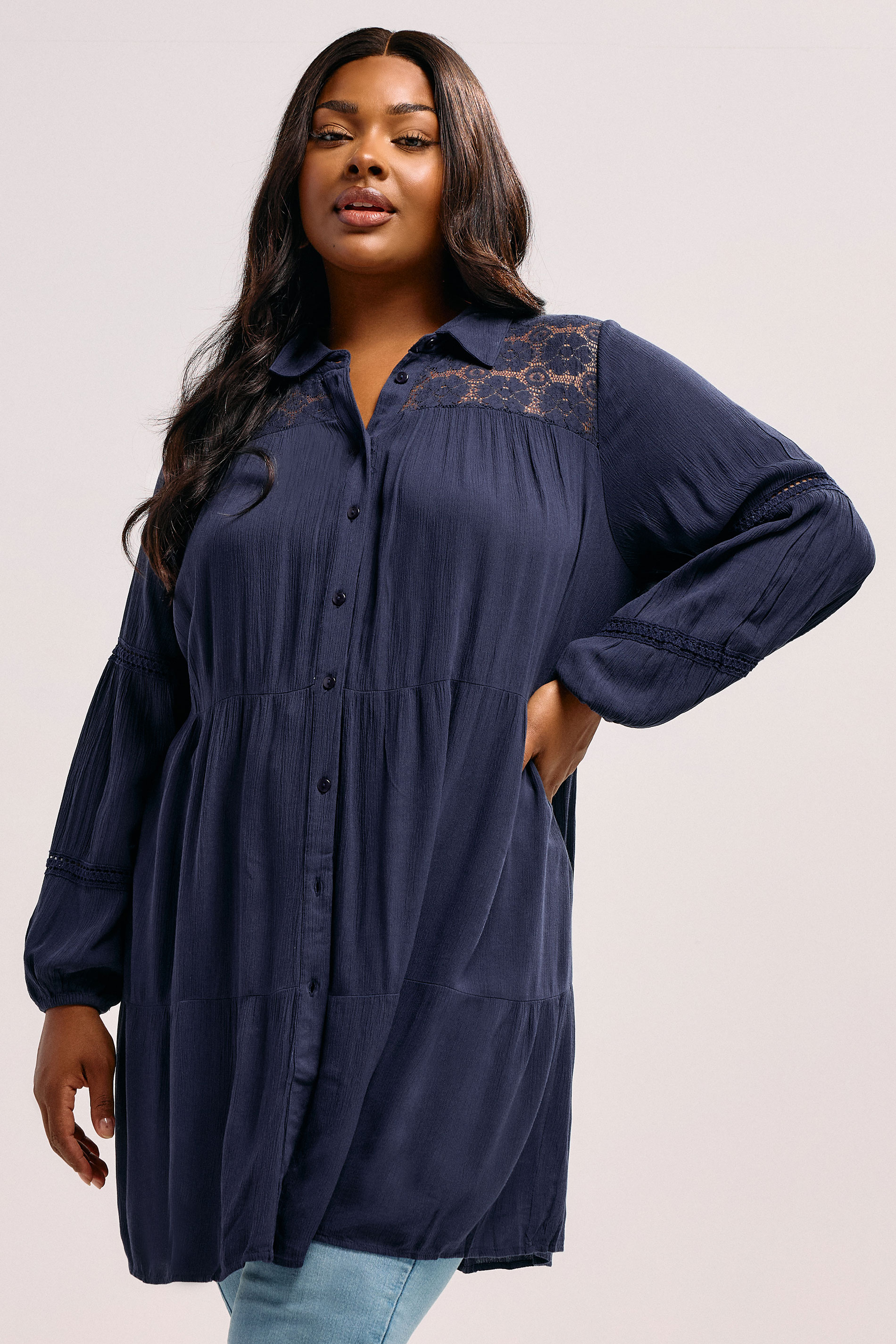 YOURS Plus Size Navy Blue Tiered Crochet Detail Shirt | Yours Clothing 3