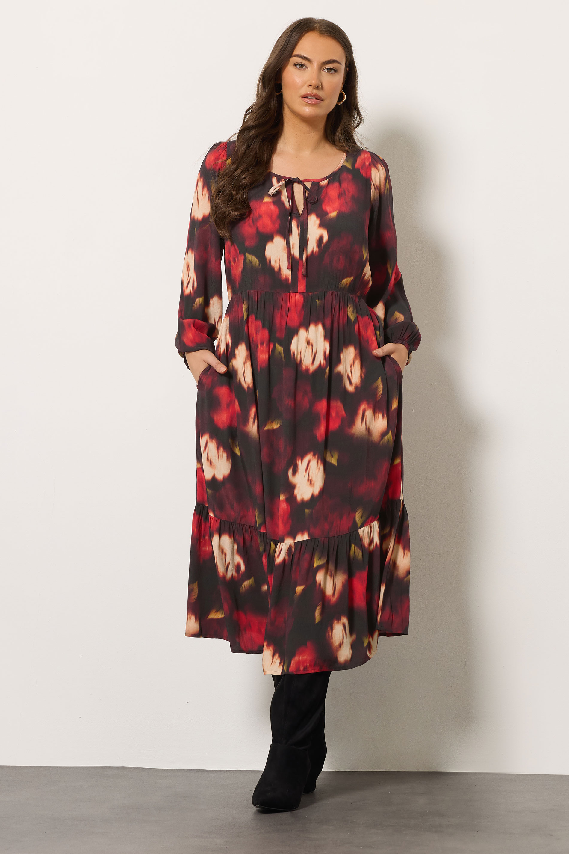 EVANS Plus Size Red Blurred Floral Tie Neck Tiered Dress | Evans 3