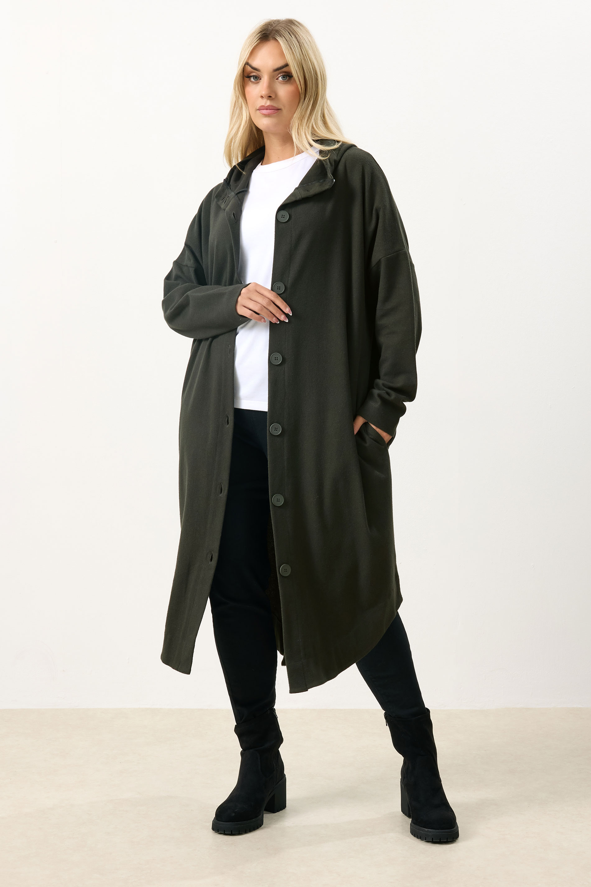 YOURS Plus Size Khaki Green Button Through Hooded Jacket | Yours Clothing 3