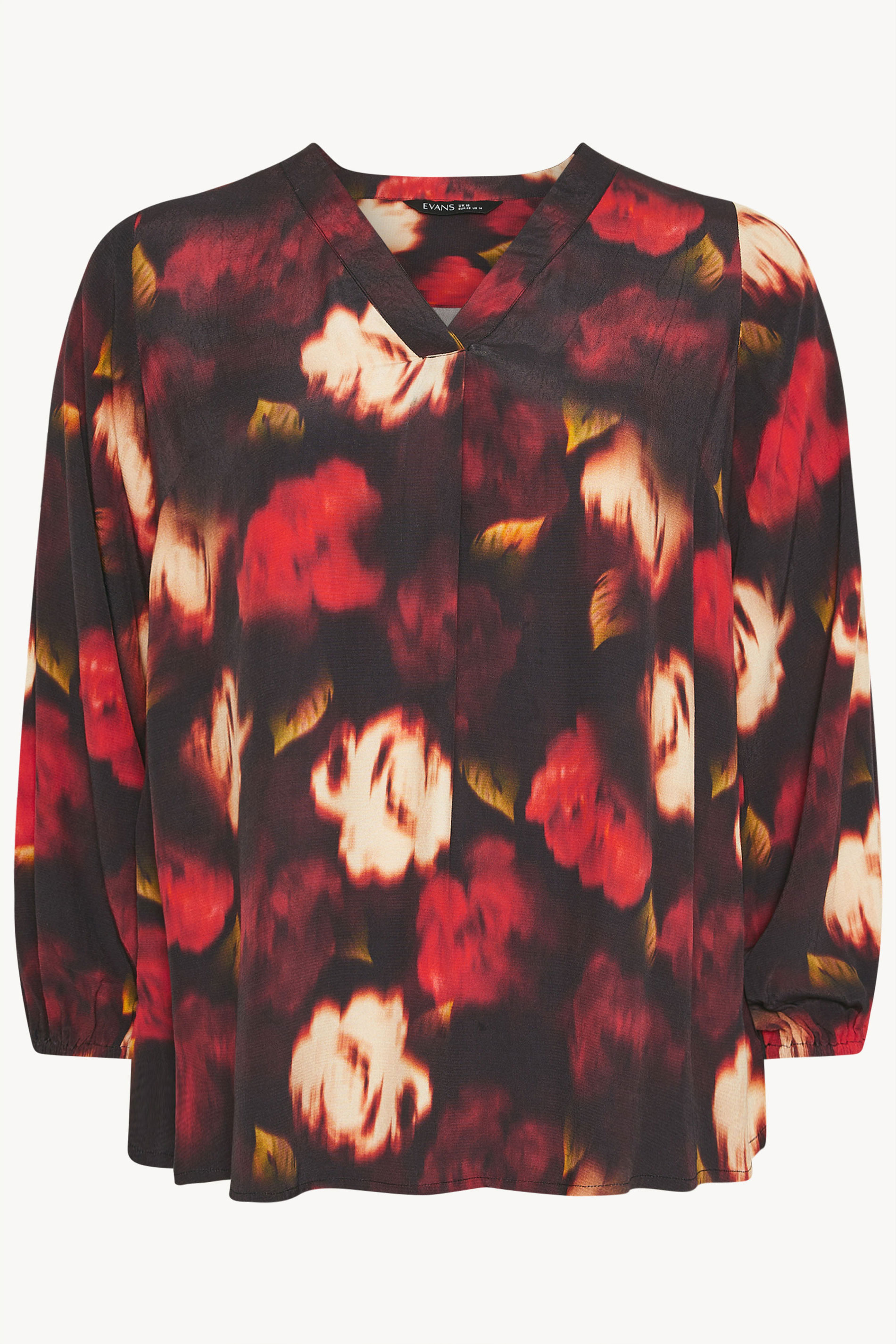 EVANS Plus Size Red Blurred Floral Pleat Front Long Sleeve Blouse | Evans 5