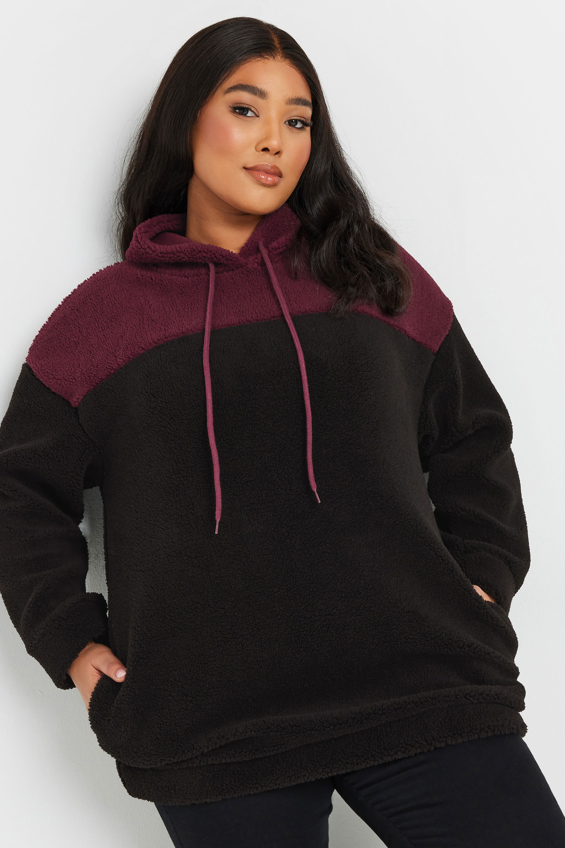 YOURS Plus Size Black & Burgundy Red Colourblock Teddy Fleece Hoodie | Yours Clothing  3