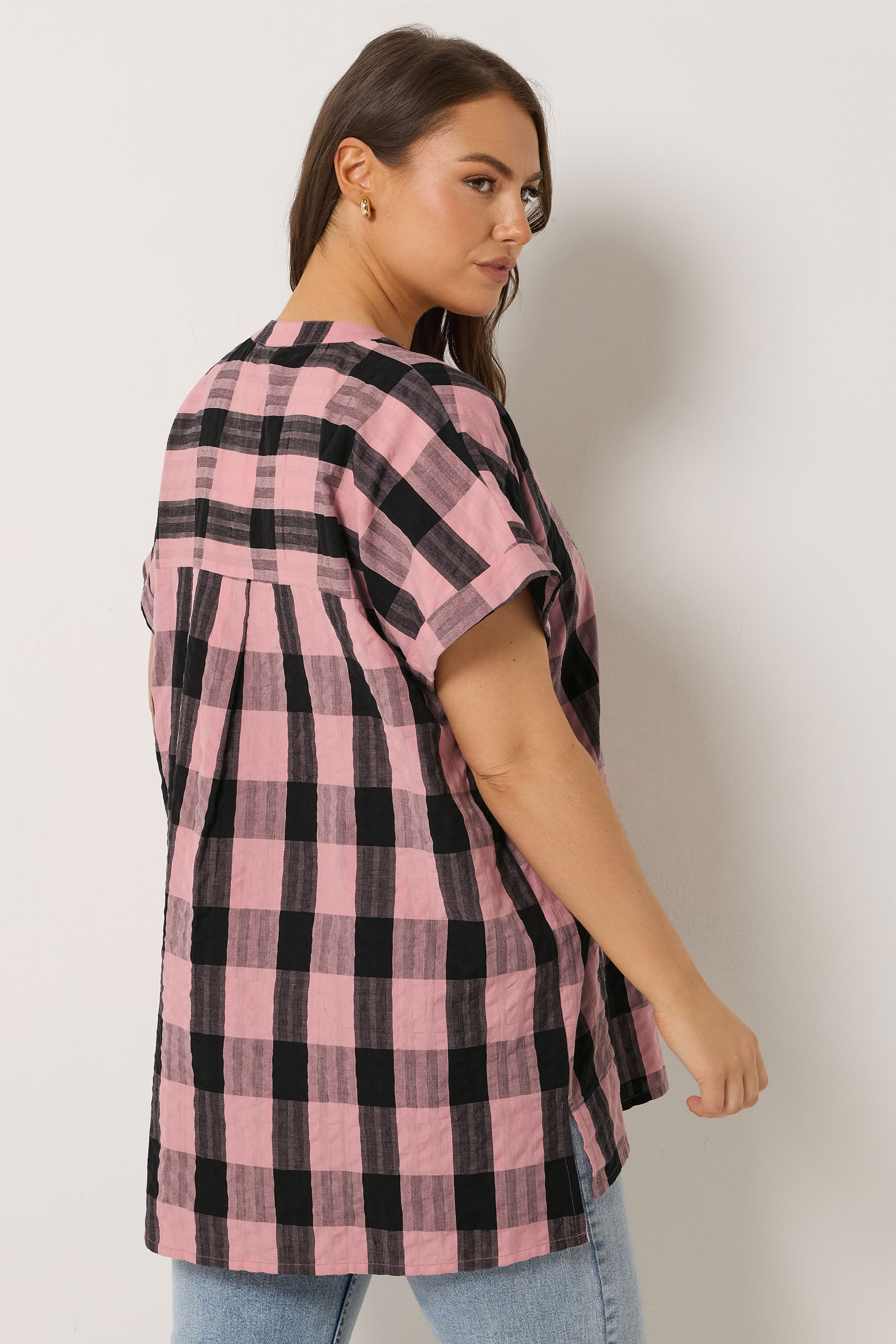 YOURS Plus Size Pink & Black Check Overhead Half Placket Shirt | Yours Clothing 2