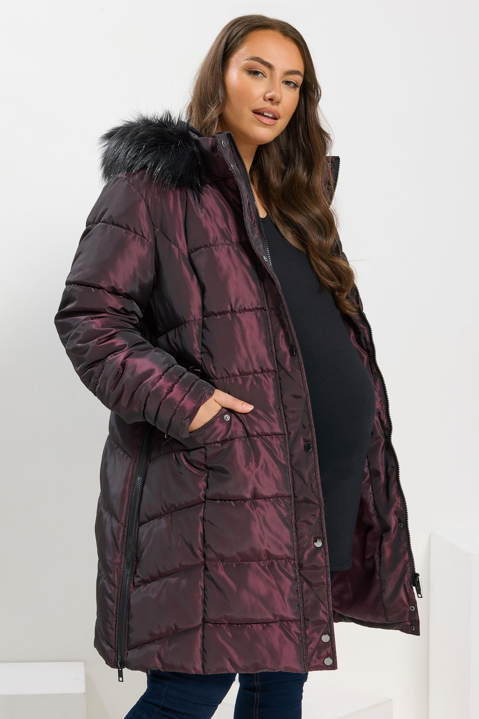 BUMP IT UP Maternity Plus Size Purple Panelled Puffer Midi Coat | Yours Clothing 3