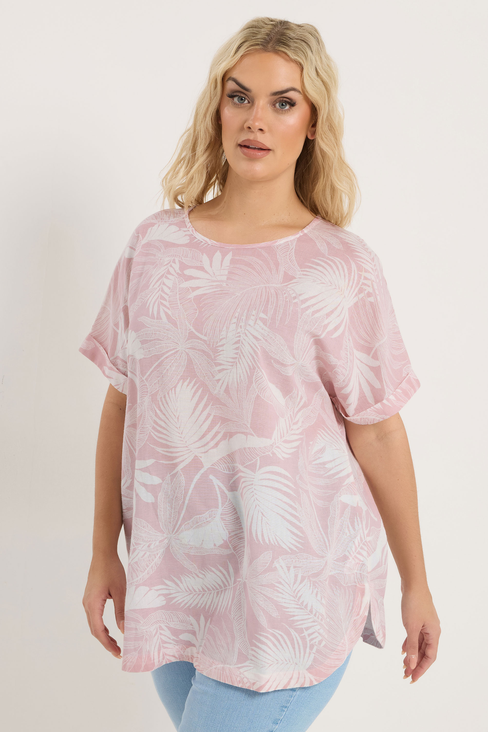 YOURS Plus Size Pink Palm Leaf Linen Boxy T-Shirt | Yours Clothing 3