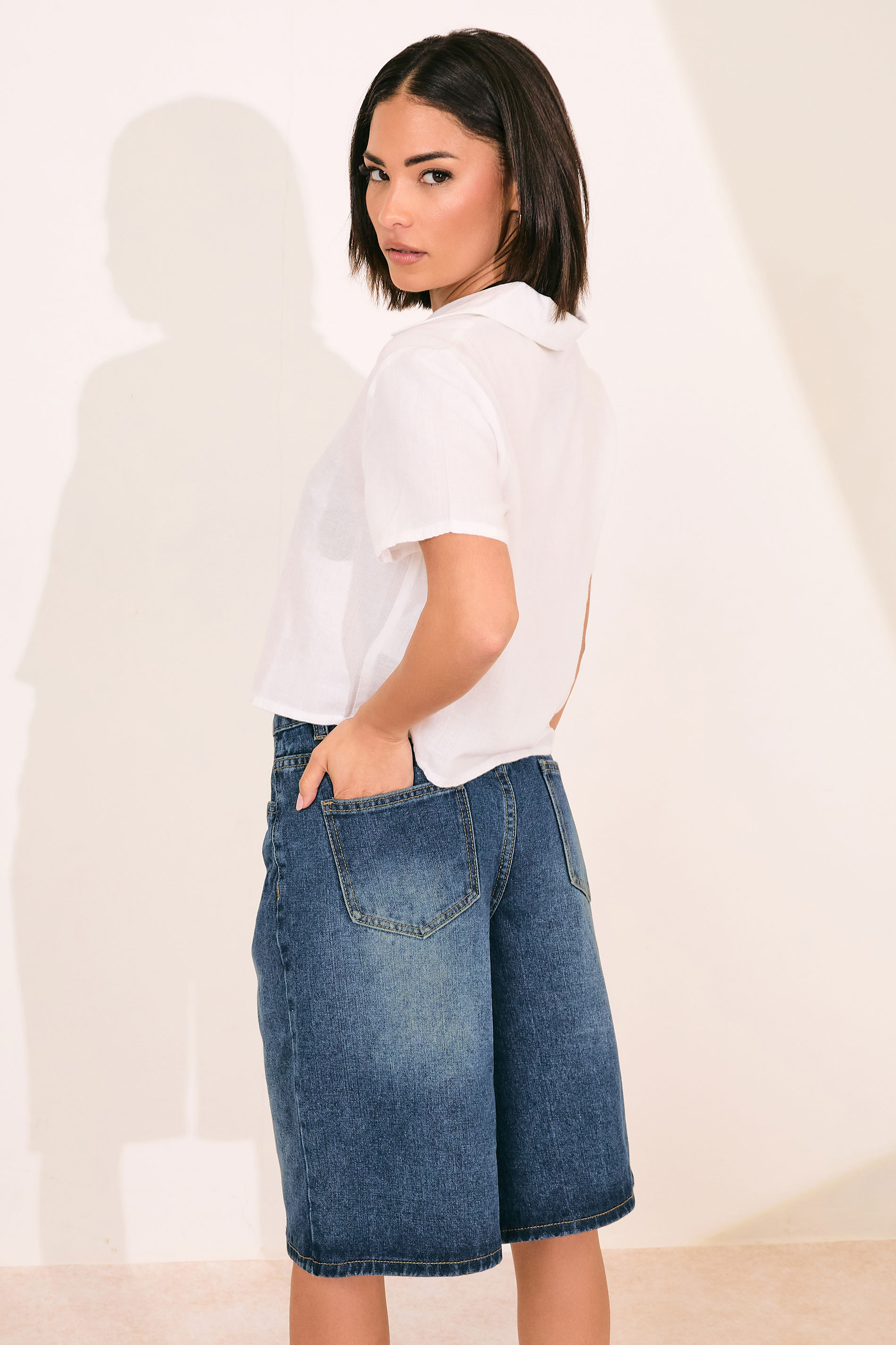 PixieGirl Petite Women's Mid Blue Cotton Denim Jorts | PixieGirl 4