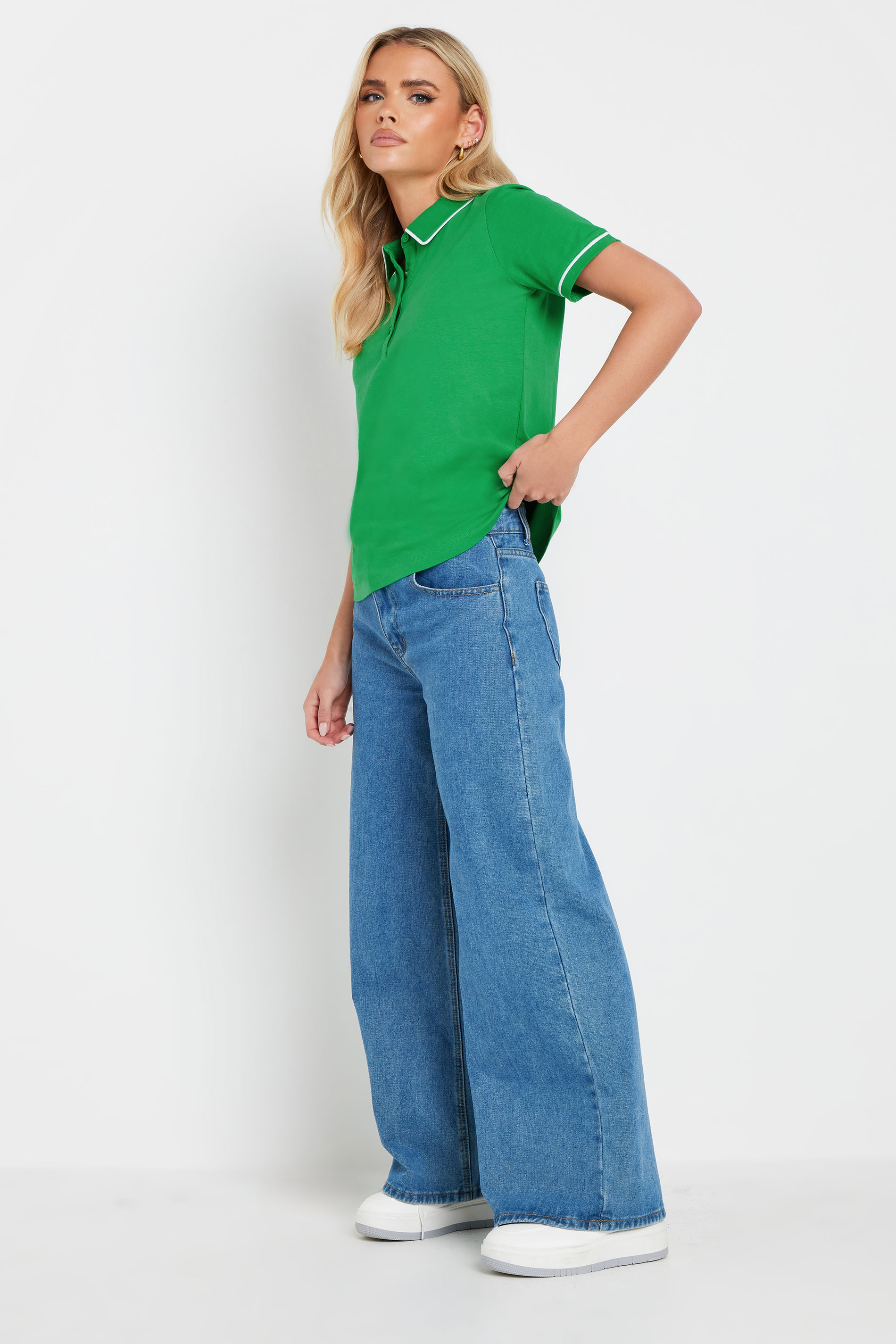PixieGirl Petite Women's Green Contrast Trim Cotton Polo Shirt | PixieGirl 1