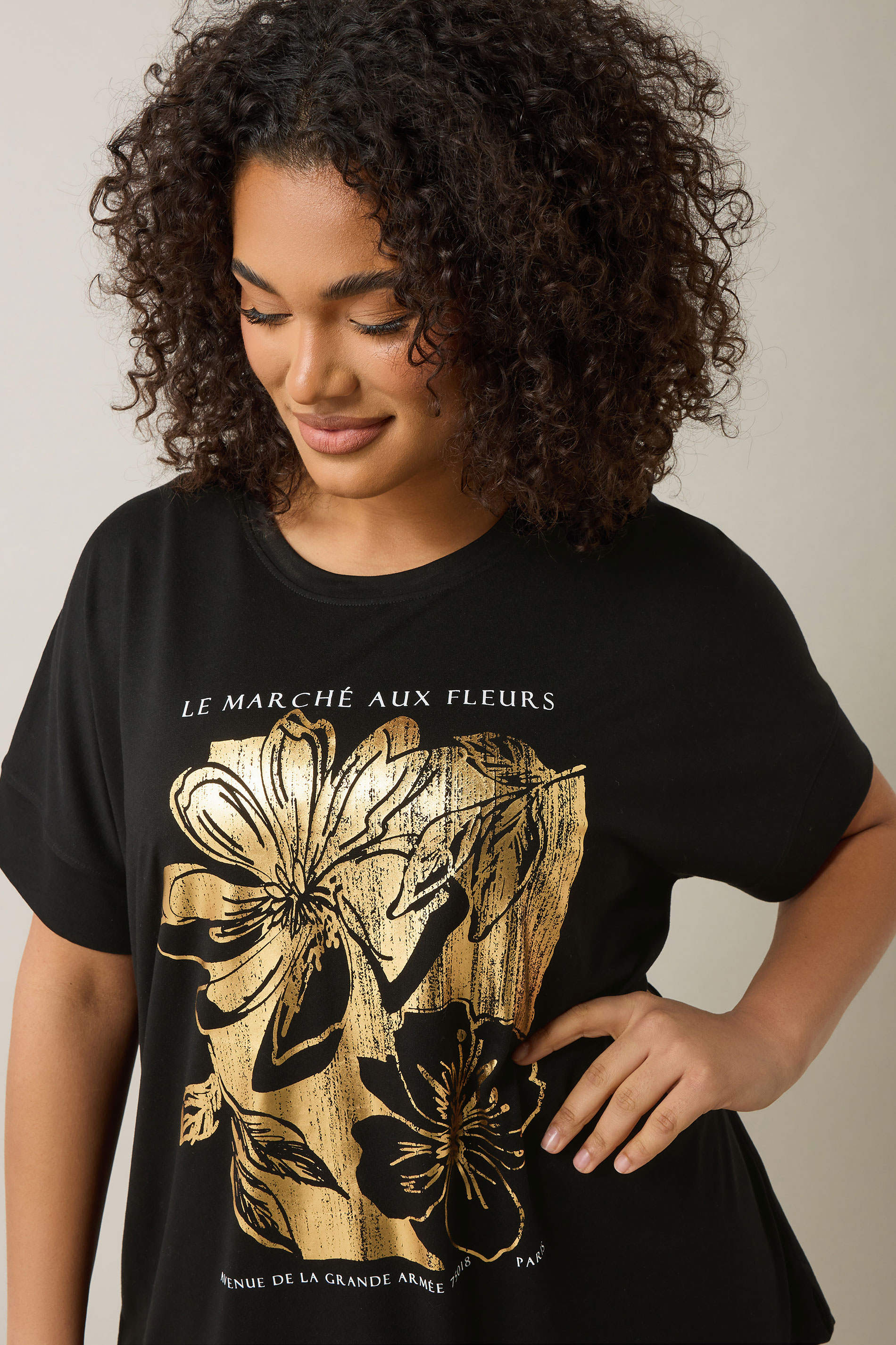 EVANS Plus Size Black Metallic Floral Print Modal Rich T-Shirt | Evans 5