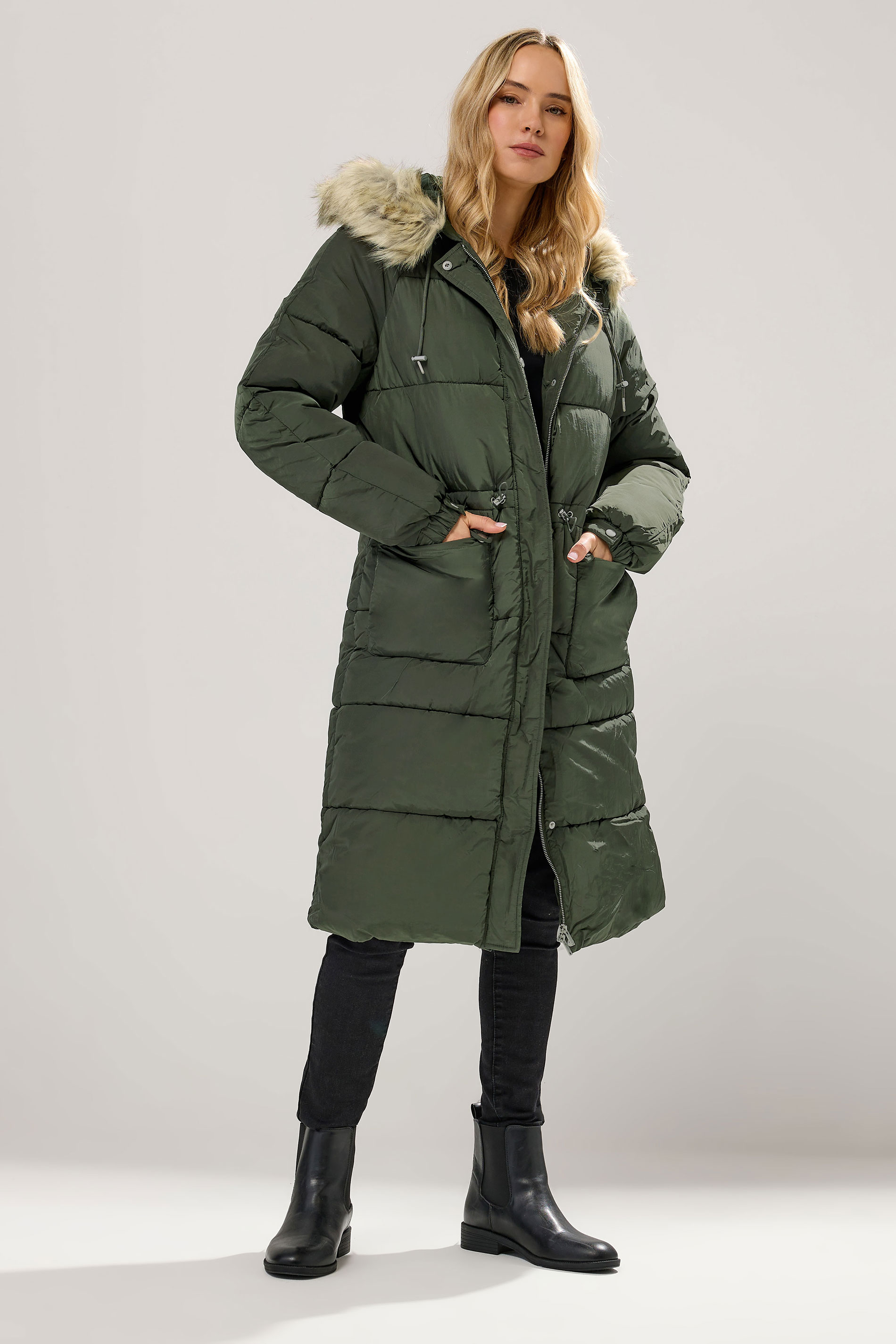 LTS Tall Khaki Green Padded Midi Coat | Long Tall Sally 1