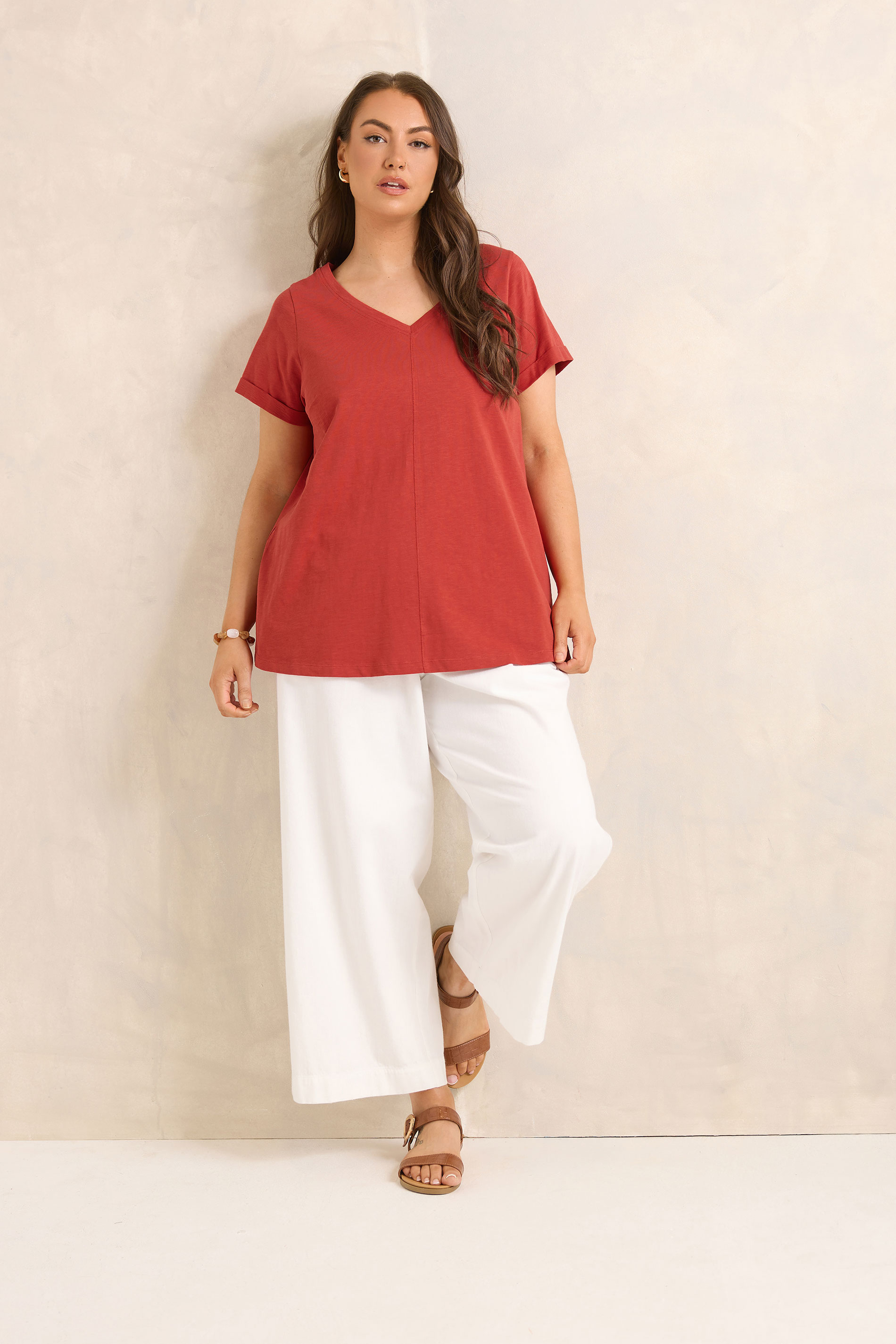 EVANS Plus Size Rust Orange V Neck Cotton T-Shirt | Evans 2