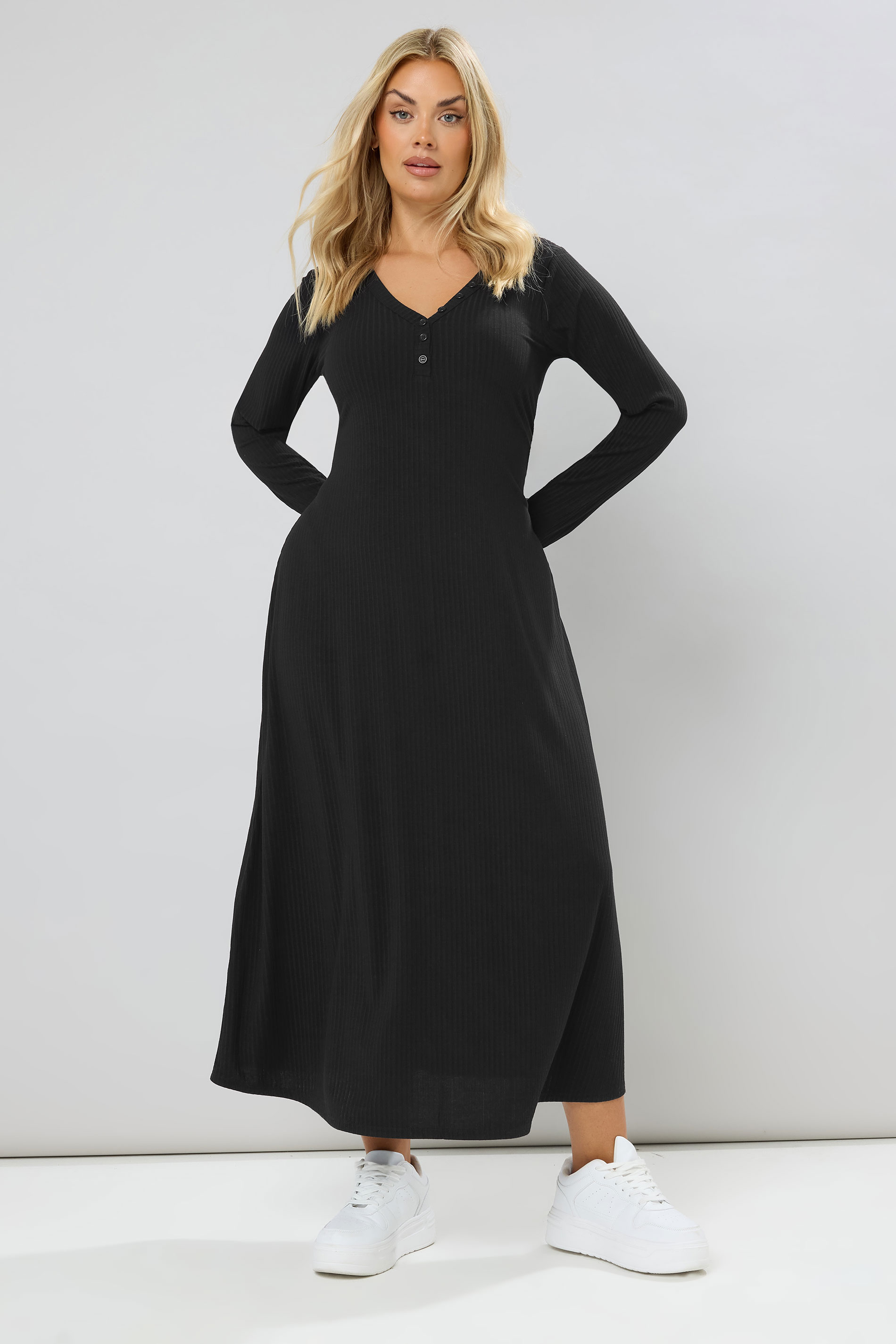 YOURS Plus Size Black Ribbed Henley Maxi Dress | Yours Clothing 3
