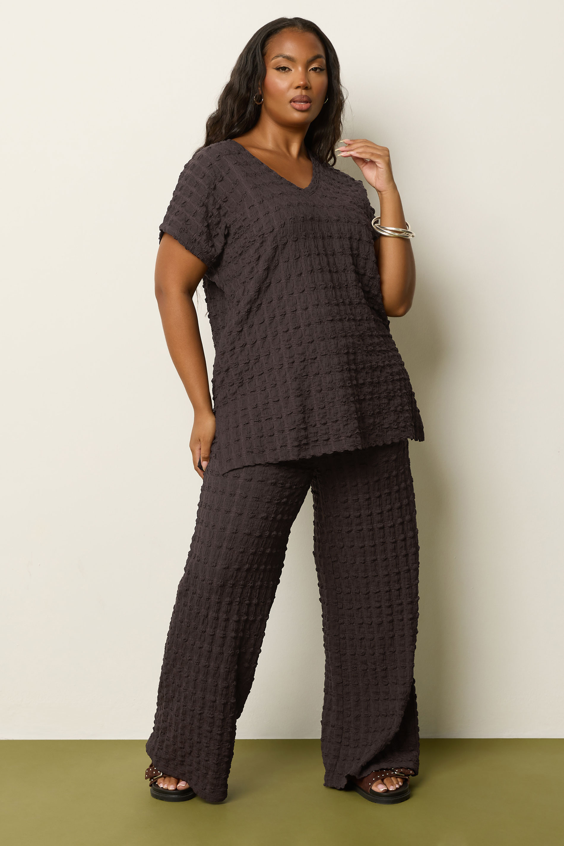 YOURS Plus Size Chocolate Brown Bubble Textured Wide Leg Trousers | Yours Clothing 1