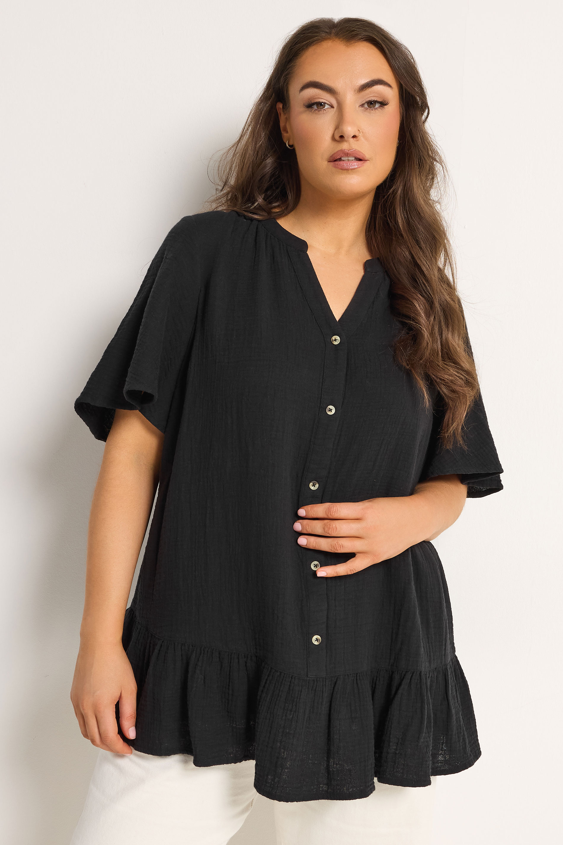 YOURS Plus Size Black Cheesecloth Button Through Top | Yours Clothing 3
